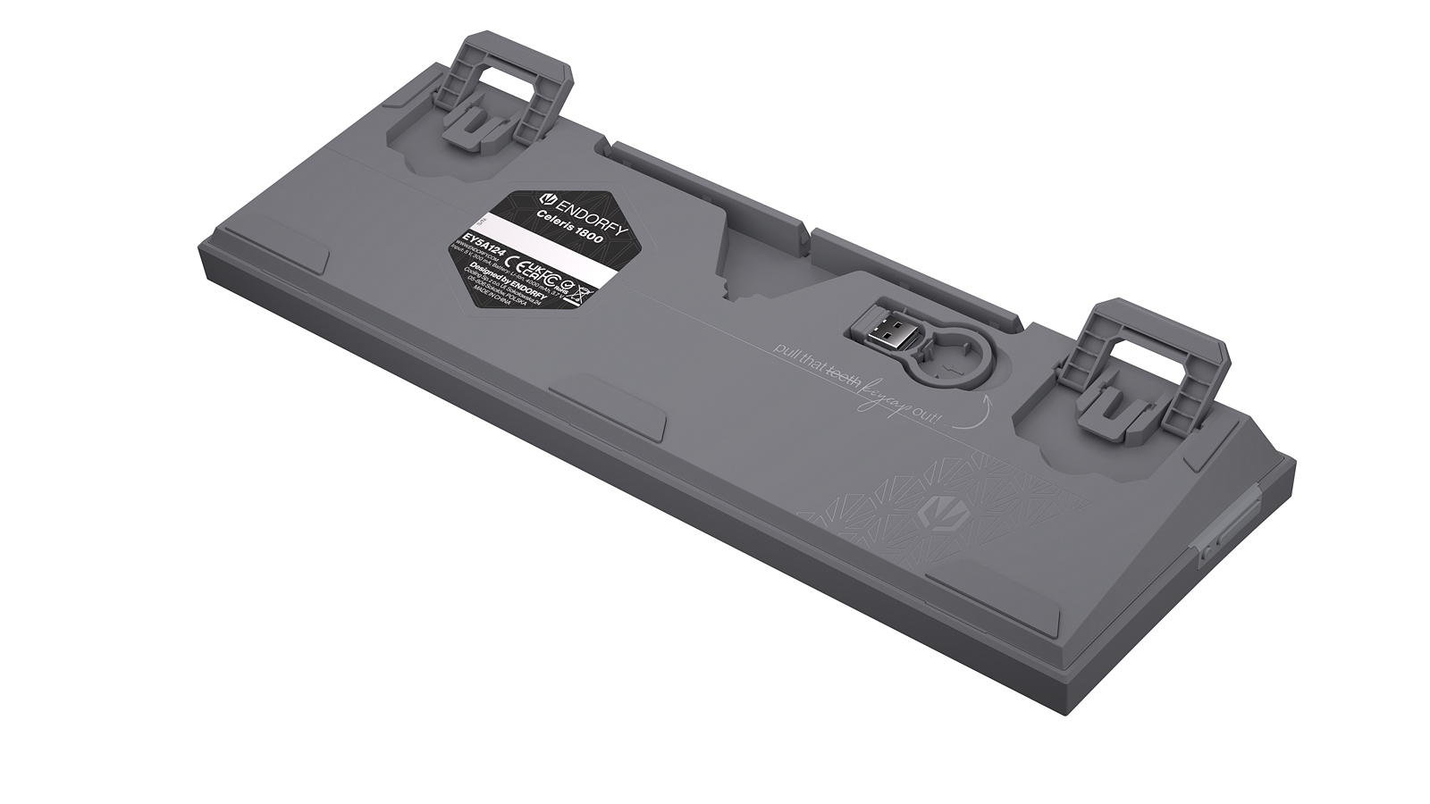 Szara podstawa klawiatury z naklejką i portem USB. Regulowane nóżki.