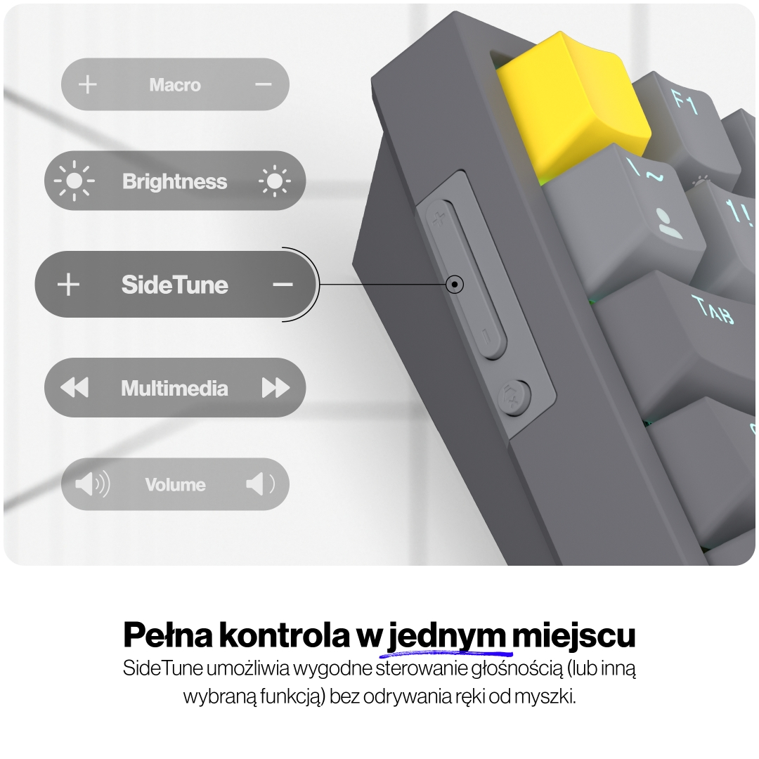 Szara klawiatura z żółtym klawiszem, przyciski makro, jasność, głośność.