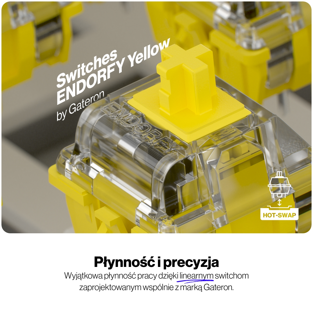 Zbliżenie żółtego przełącznika klawiatury mechanicznej z przezroczystą obudową Gateron.