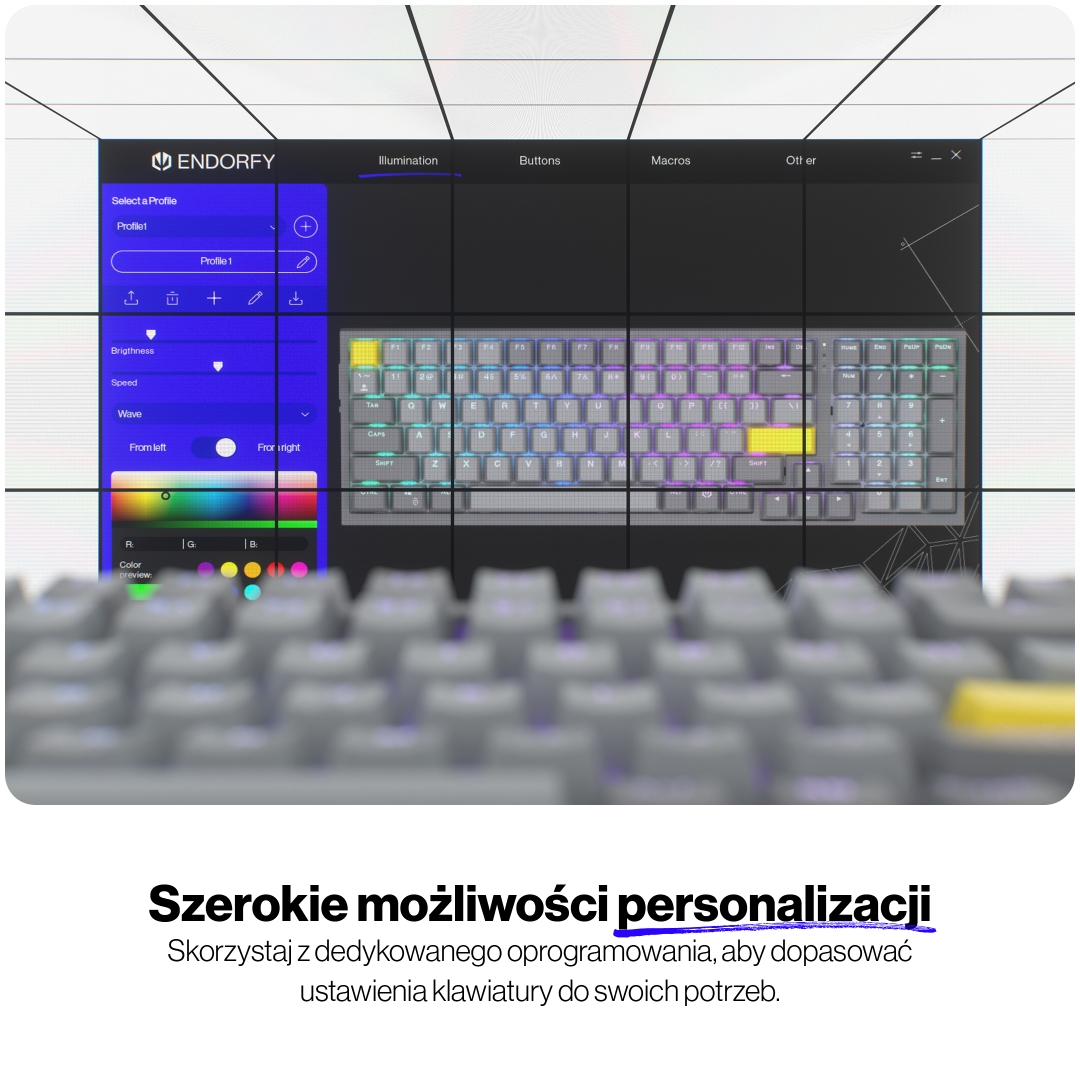 Ekran konfiguracji klawiatury pokazuje opcje oświetlenia i klawiaturę z podświetleniem RGB.
