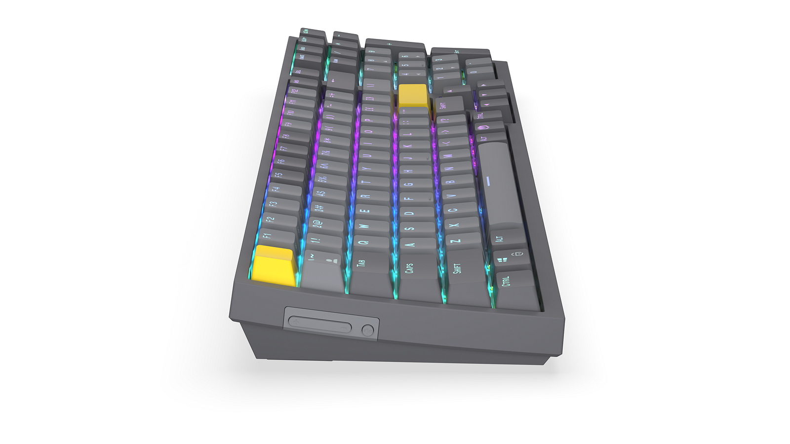 Szara klawiatura mechaniczna z podświetleniem RGB i żółtymi klawiszami.