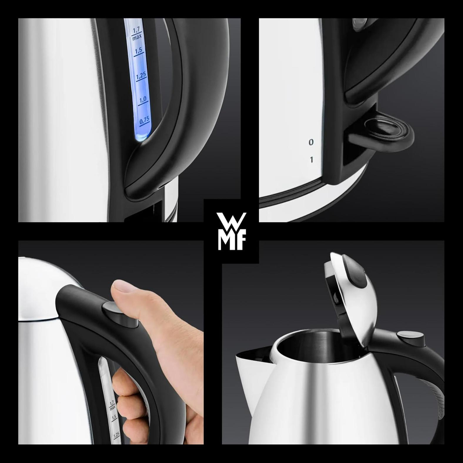 Collage eines Wasserkochers aus Edelstahl: Wasserstand, Schalter und offener Deckel.