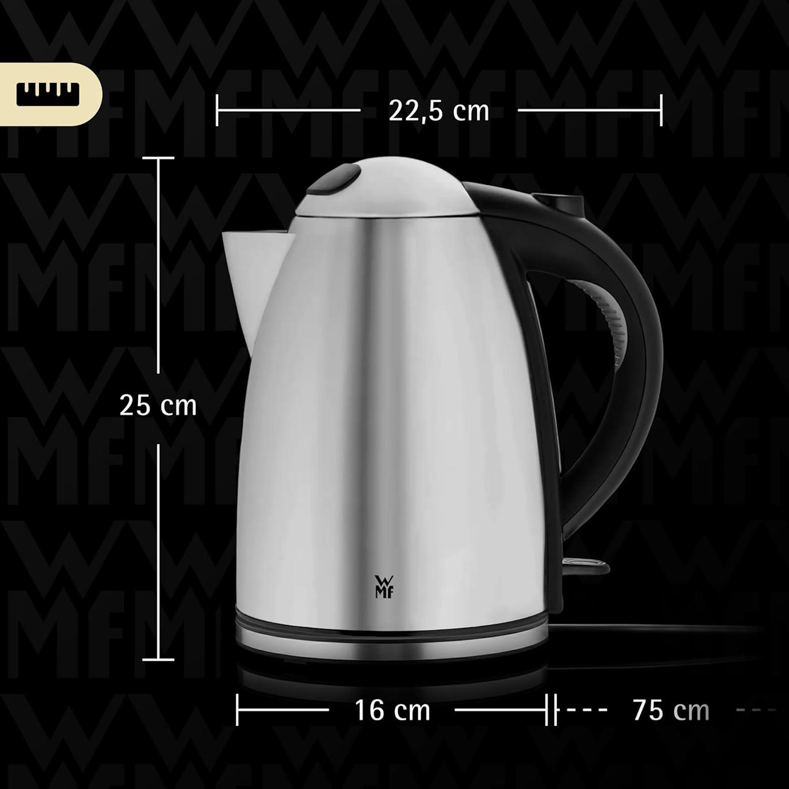 Silberner Wasserkocher mit schwarzem Griff, 25 cm hoch, 22,5 cm breit.