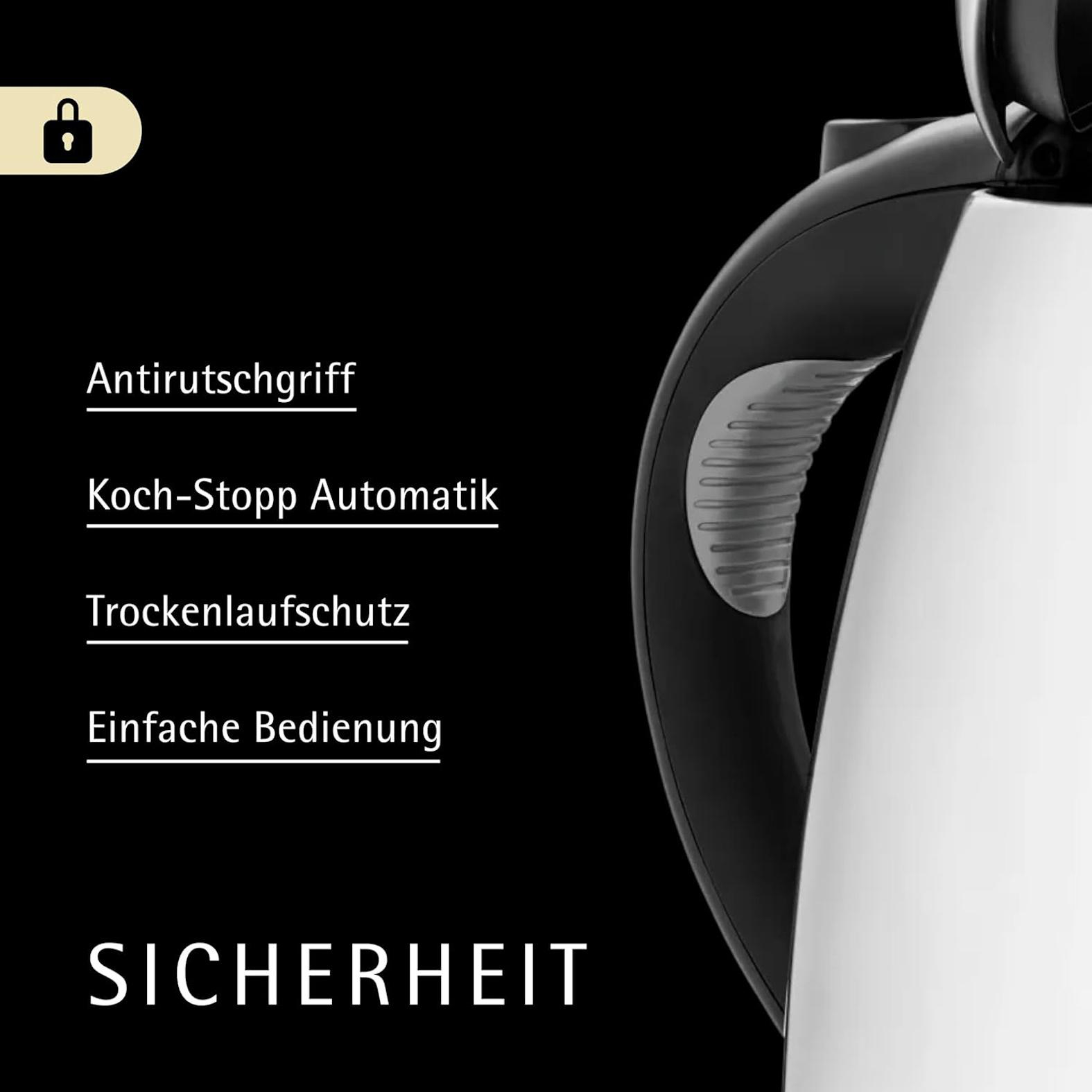 Ein Wasserkocher mit Sicherheitshinweisen: Antirutschgriff, Koch-Stopp-Automatik, Trockenlaufschutz.
