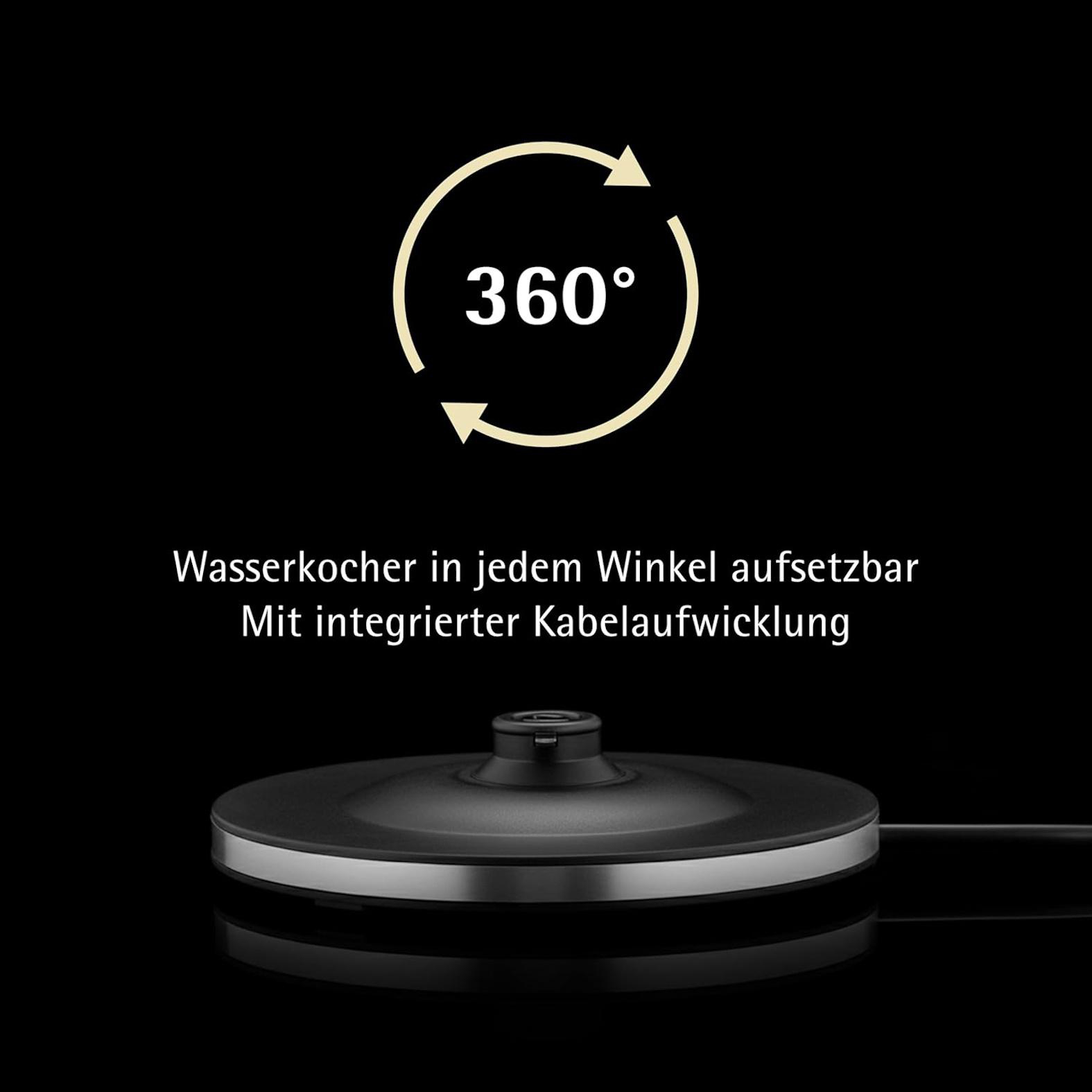 360 Grad Zeichen über einem Wasserkocherständer mit Kabelaufwicklung.