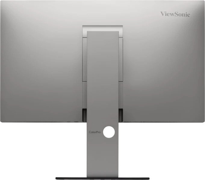 Gümüş rengi monitörün arkası, standı ve ViewSonic logosuyla.