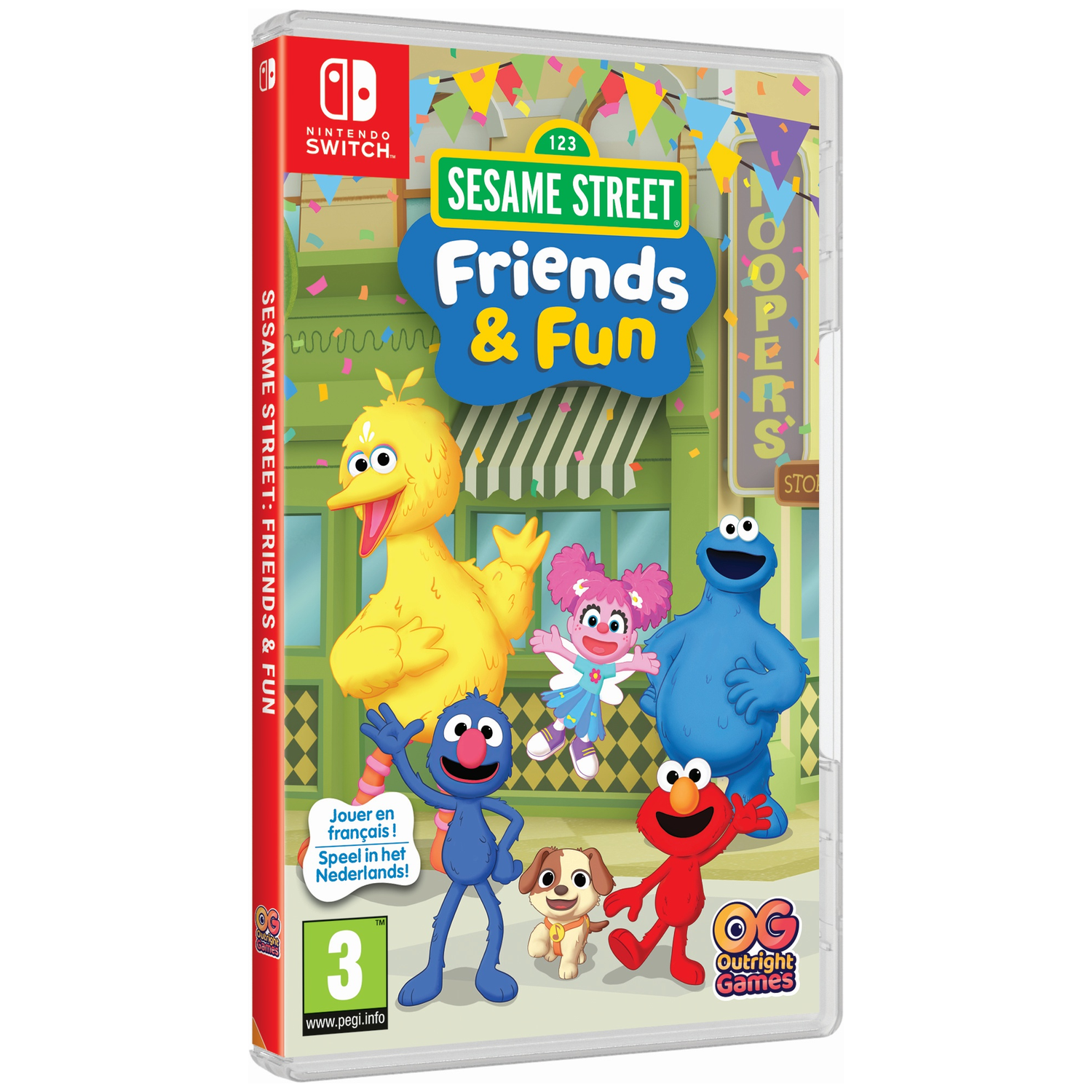 Sesame Street Friends & Fun Nintendo Switch game case with Big Bird, Cookie Monster, Elmo, Abby, and a dog.