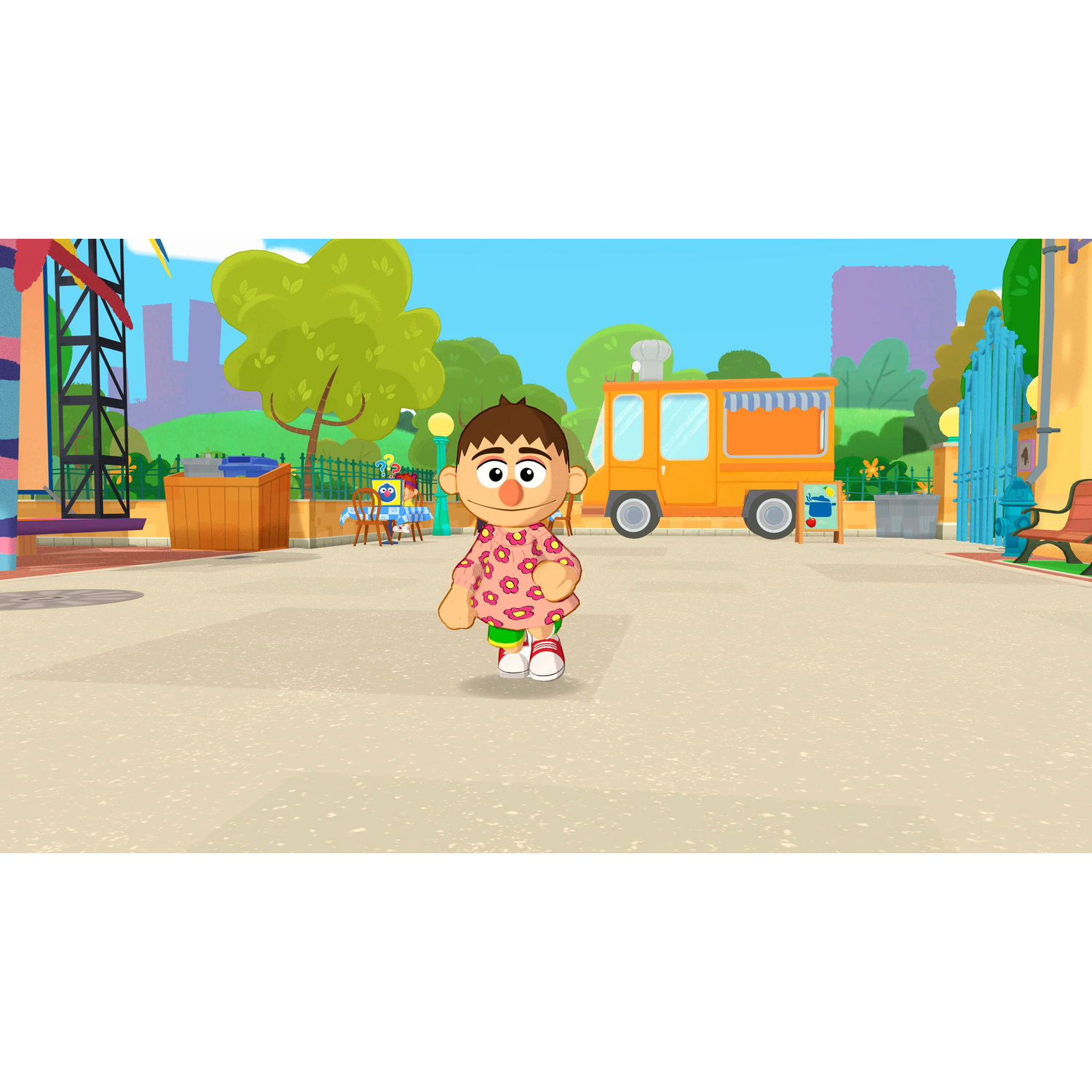 A cartoon girl in a pink floral dress stands in front of an orange food truck.