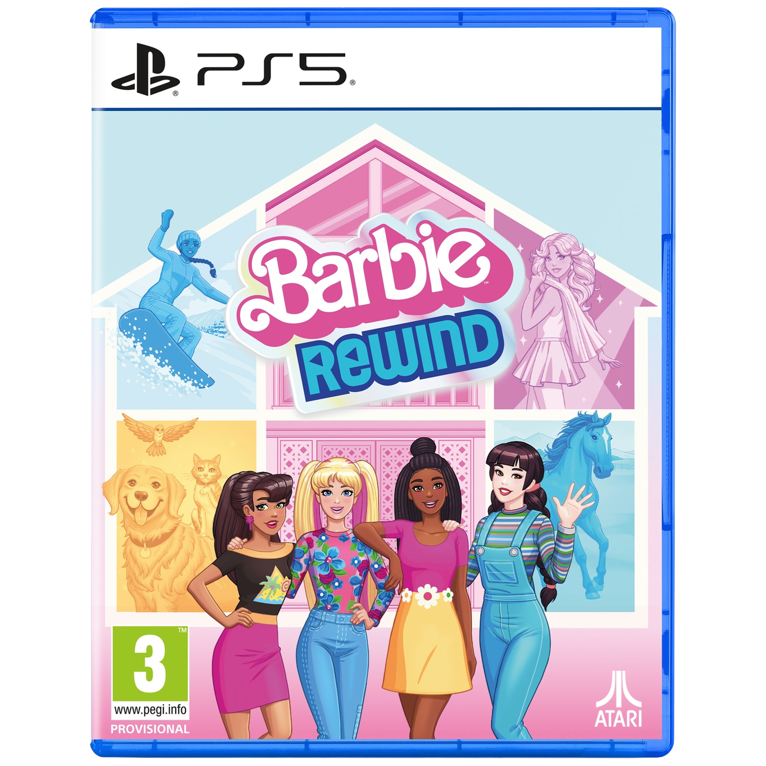Barbie Rewind PS5 gamecover met vier Barbies, hond, kat, vogel en paard.