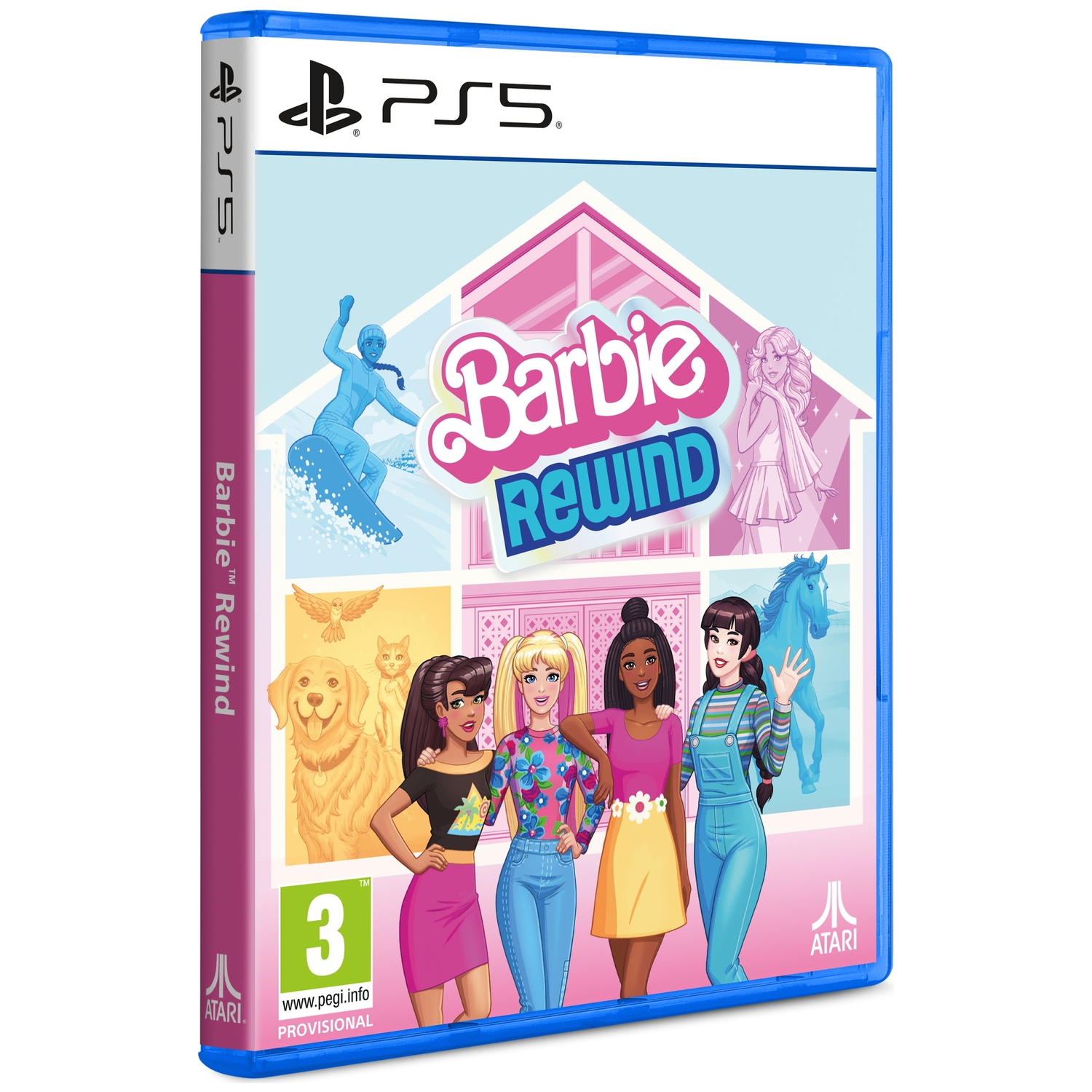 PS5-spel "Barbie Rewind" met vier Barbies, huisdieren en ruiters.