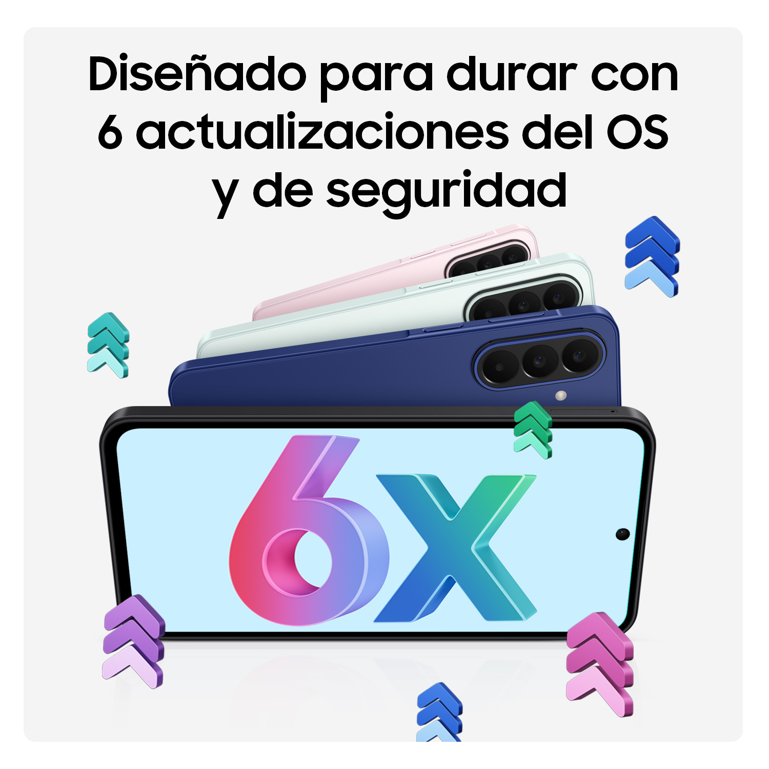 Tres smartphones apilados en azul, verde y rosa. La pantalla muestra '6x'.