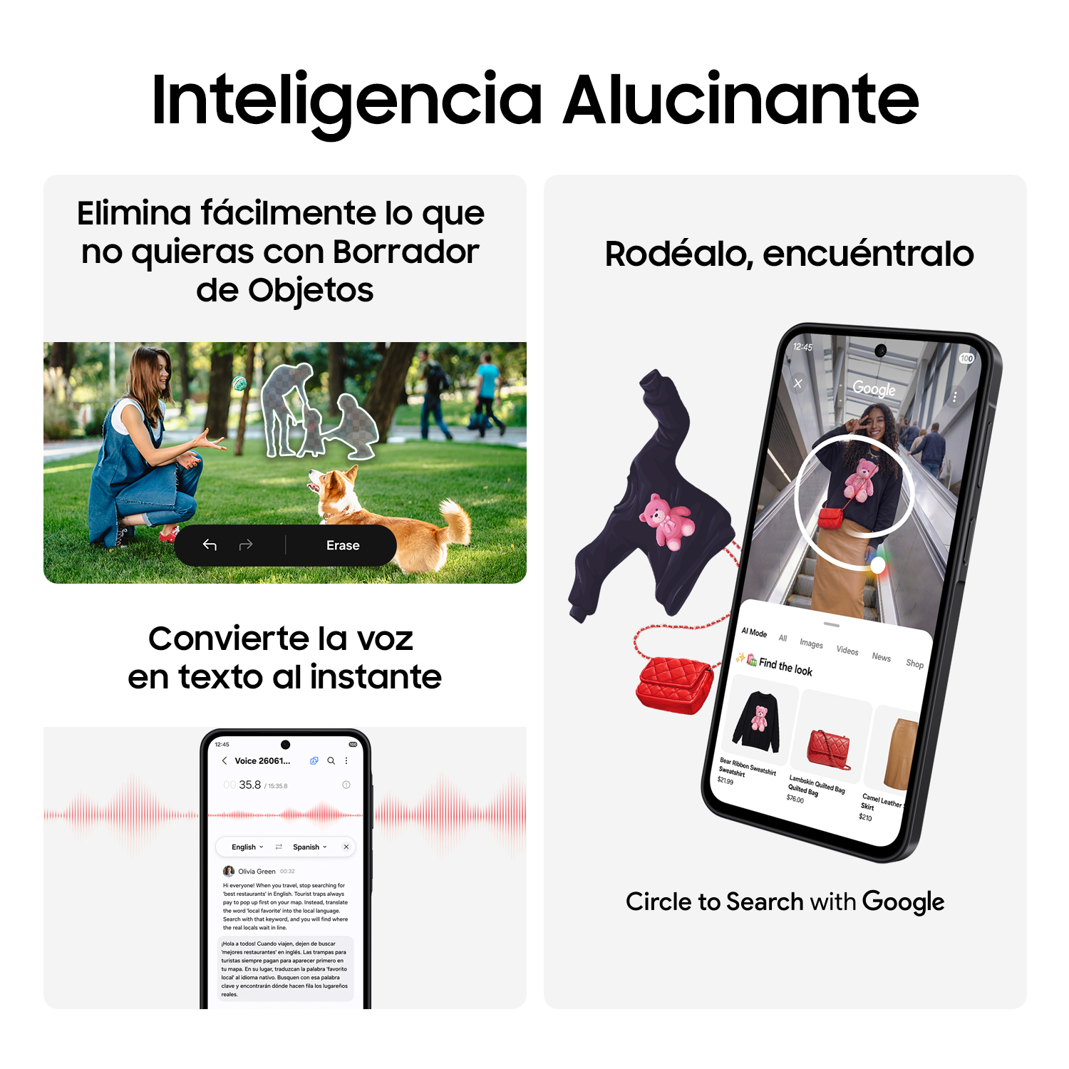 Una mujer se arrodilla con un perro al aire libre, mientras un teléfono busca compras.