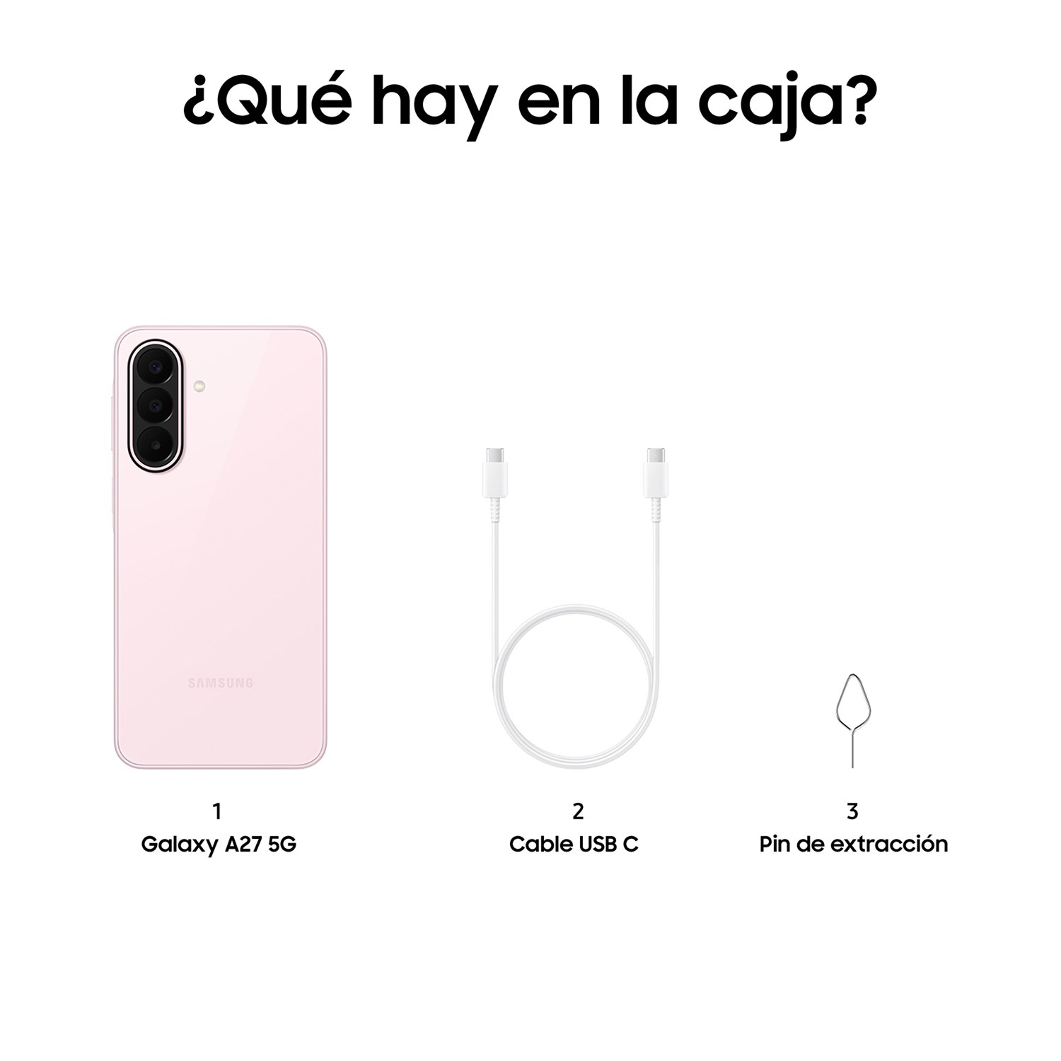Samsung Galaxy A27 5G rosa, cable USB-C y pin de extracción.