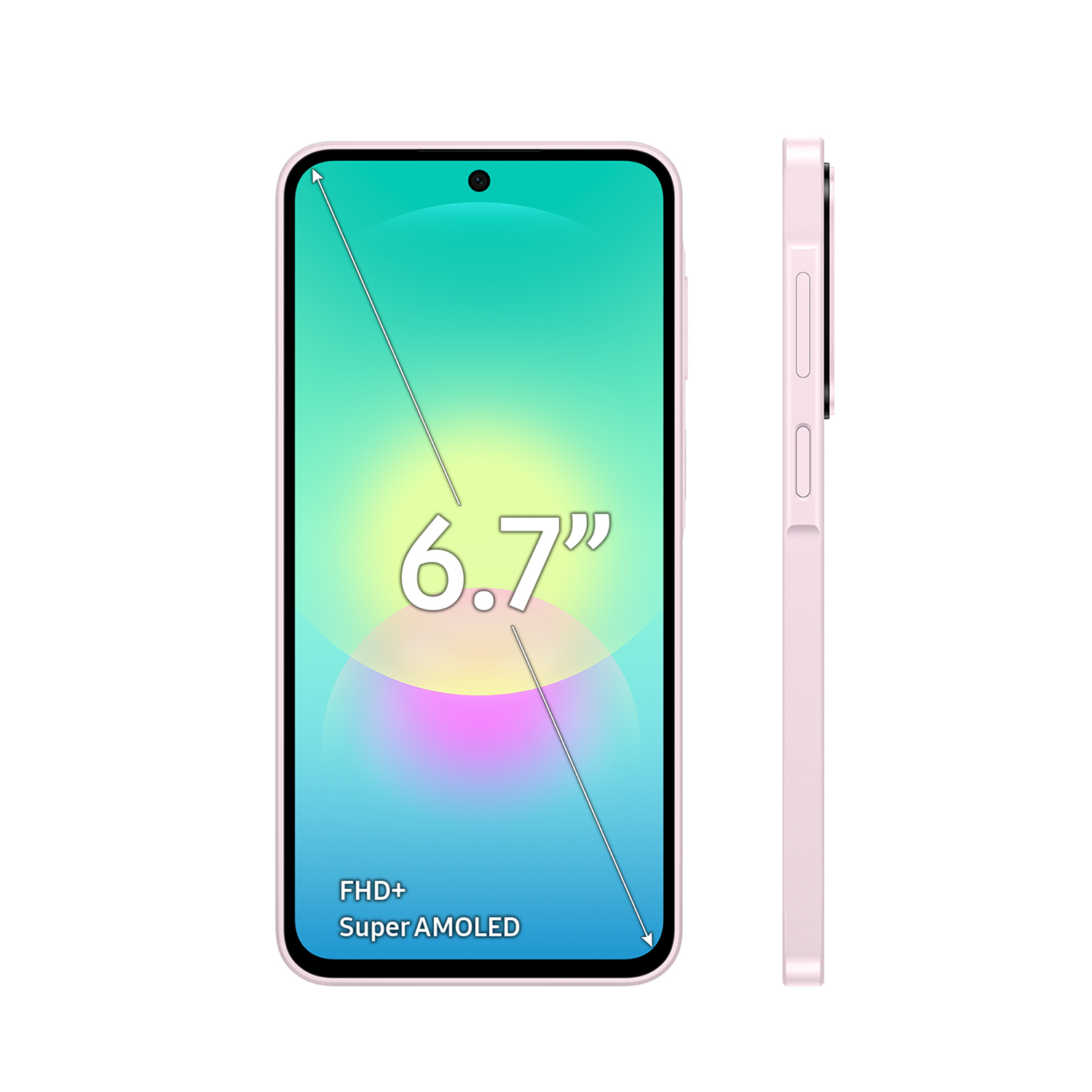 Teléfono inteligente rosa con pantalla Super AMOLED FHD+ de 6,7". Vista lateral muestra perfil delgado.