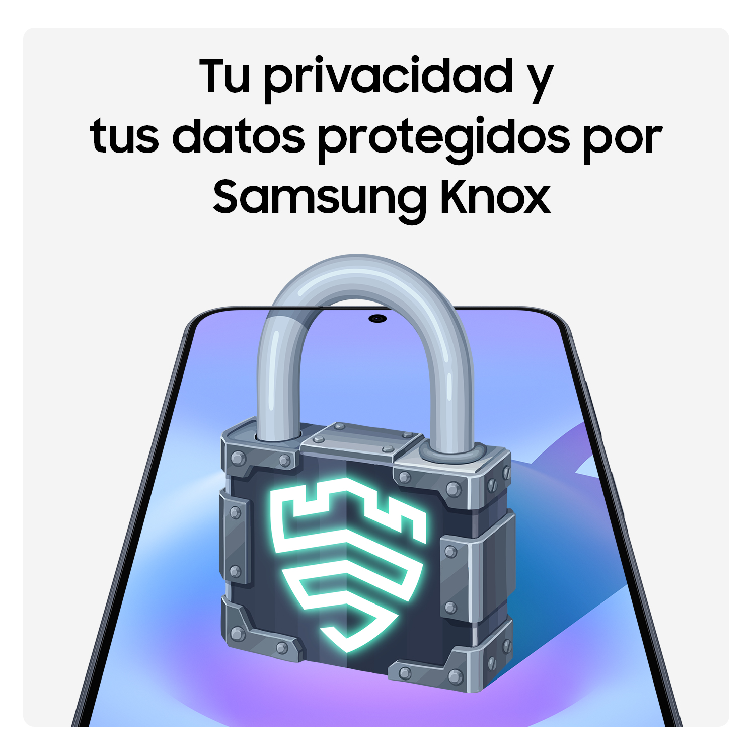 Un candado estilizado con el logo de Samsung Knox en la pantalla de un smartphone.