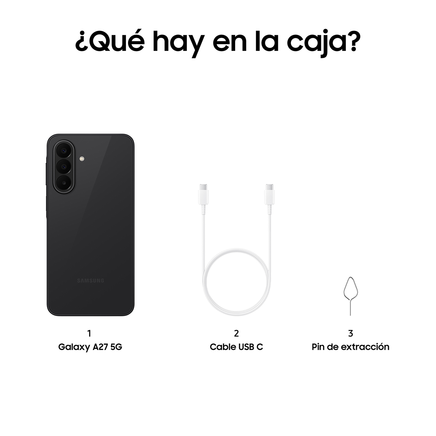 Un Samsung Galaxy A27 5G negro, un cable USB-C y una herramienta de extracción.