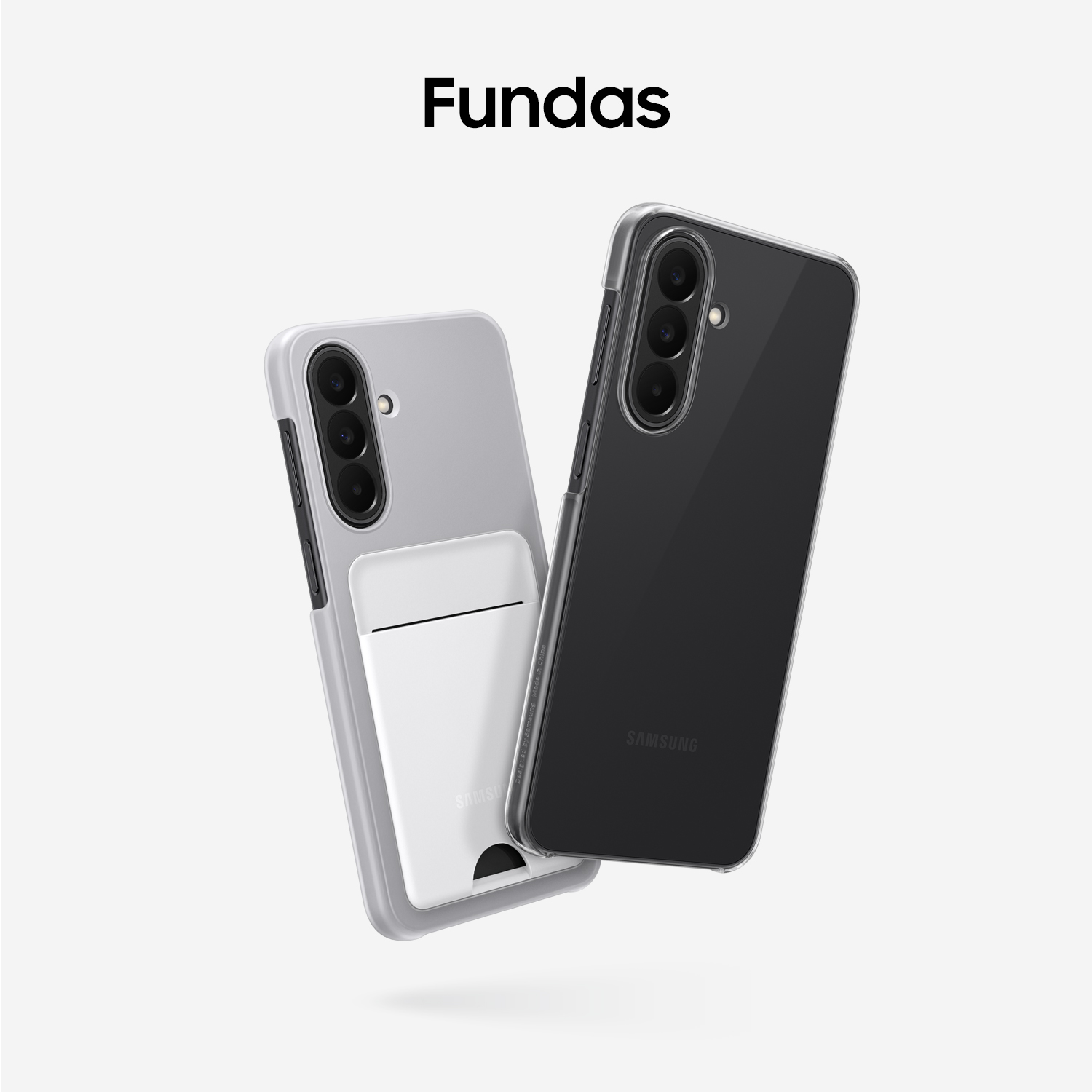 Dos fundas para teléfono Samsung: una transparente y una blanca con tarjetero.