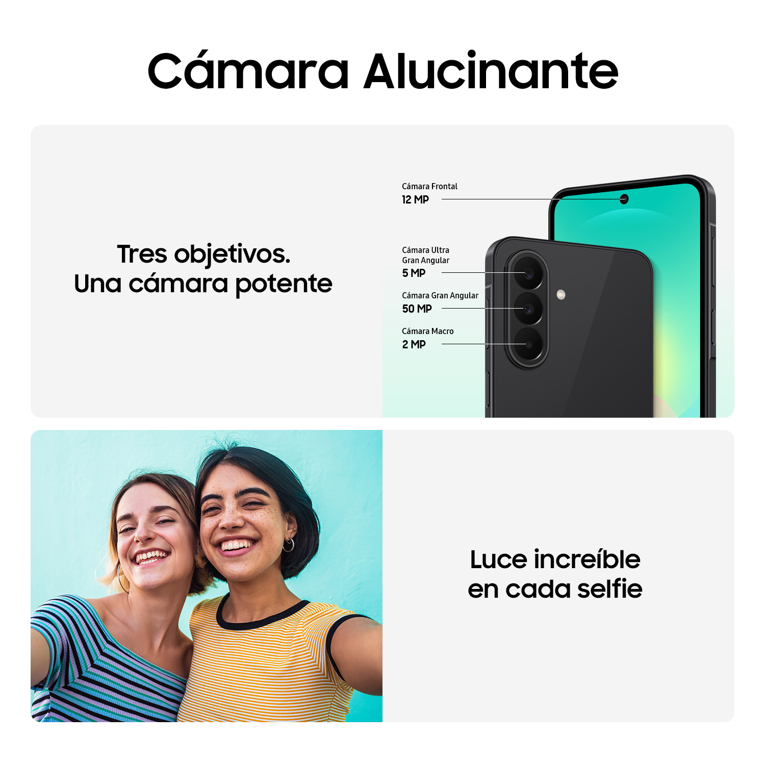 Un smartphone con tres cámaras y texto 'Cámara Alucinante'.