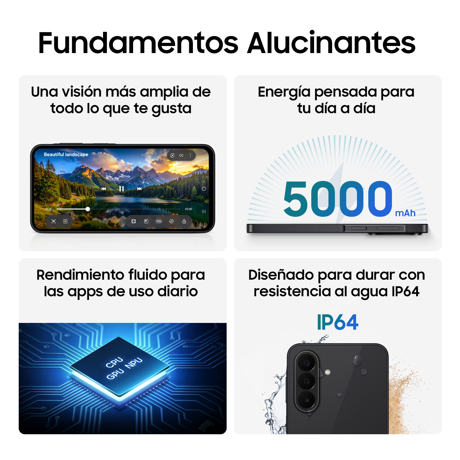 Smartphone con video de paisaje, batería 5000mAh, chip CPU/GPU/NPU y resistencia IP64.