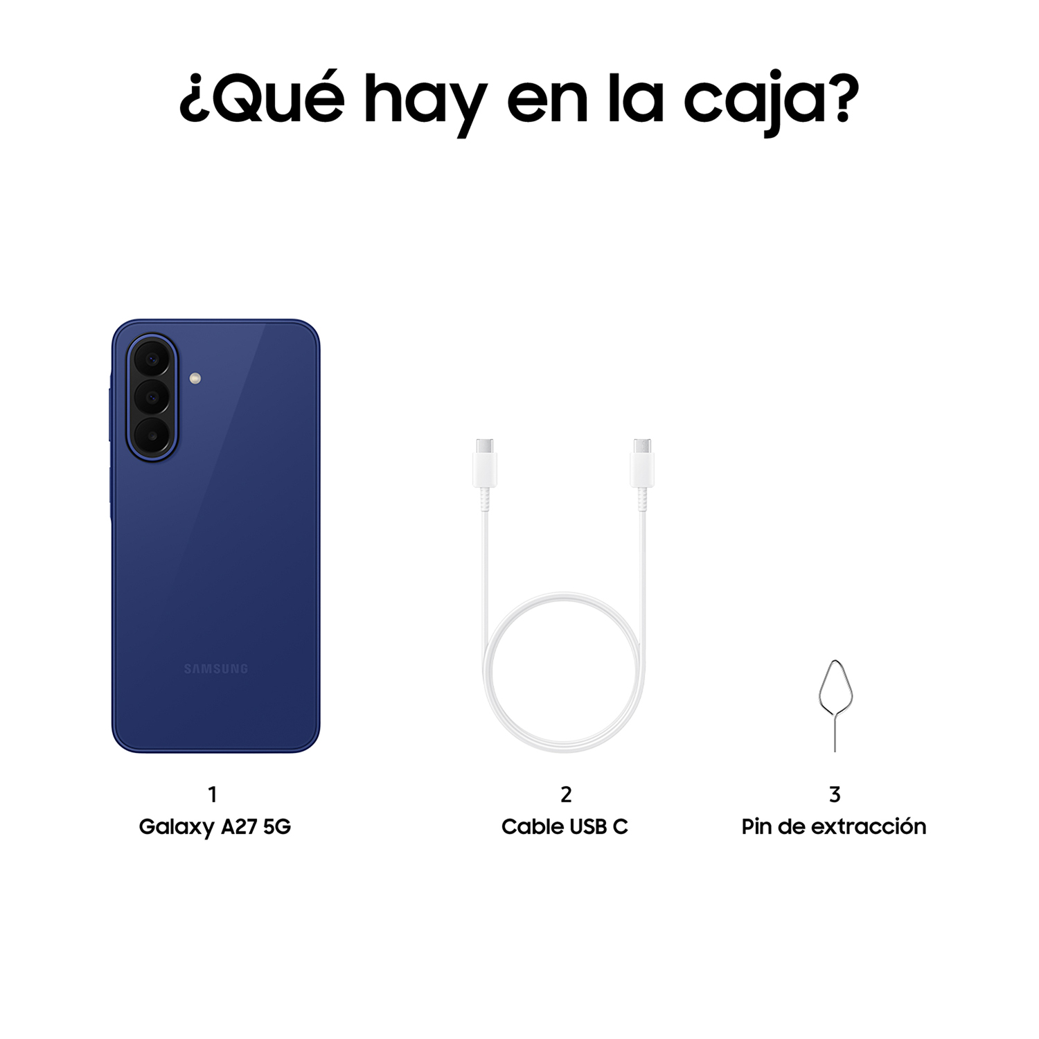 Samsung Galaxy A27 5G, cable USB-C y herramienta de extracción.