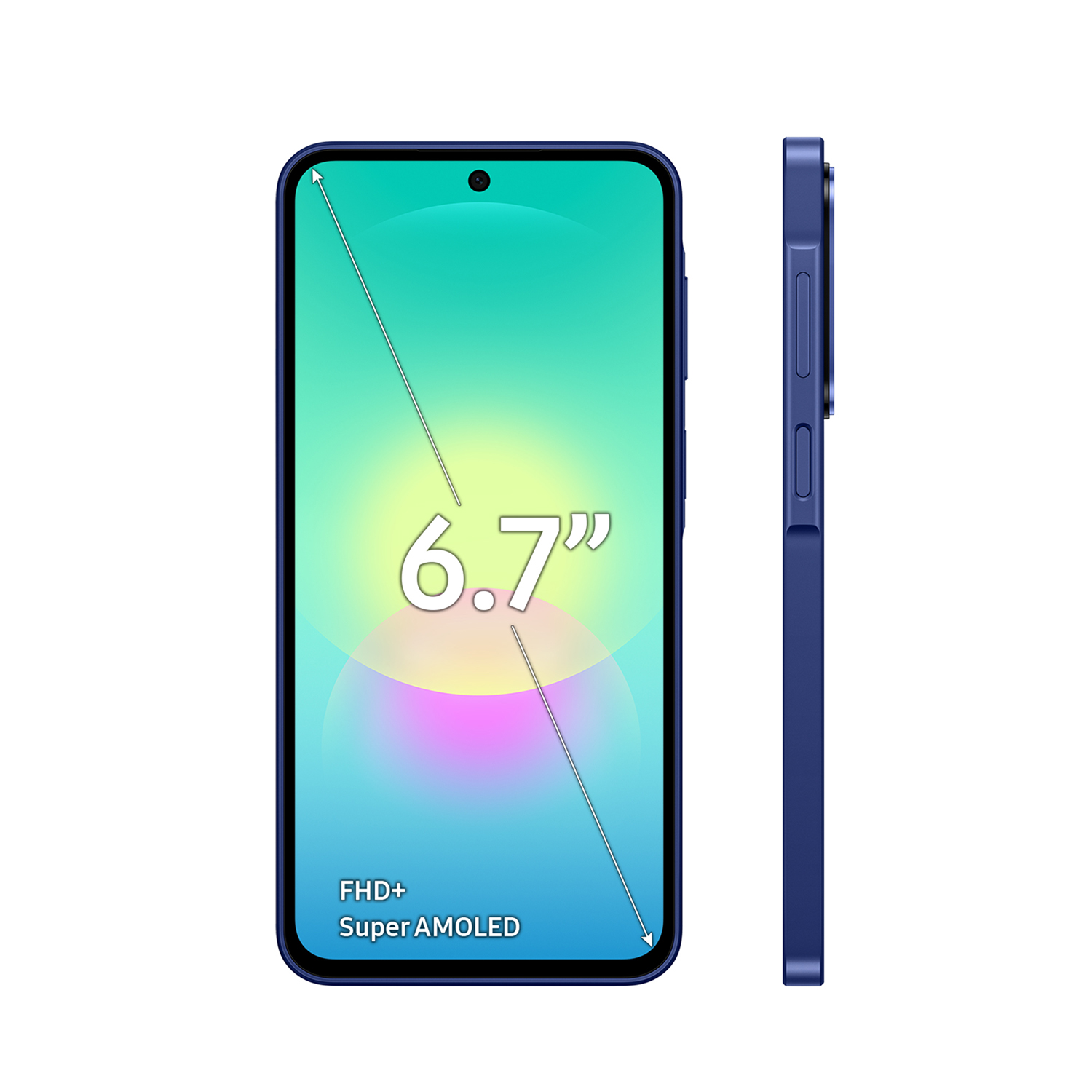 Teléfono inteligente azul con pantalla Super AMOLED FHD+ de 6,7 pulgadas.