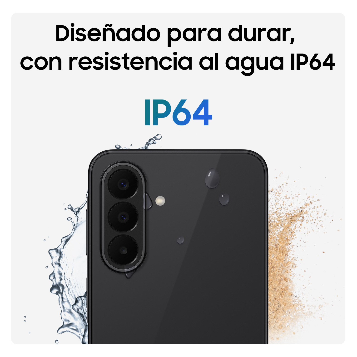 Smartphone negro con salpicaduras de agua y arena. Resistencia IP64.