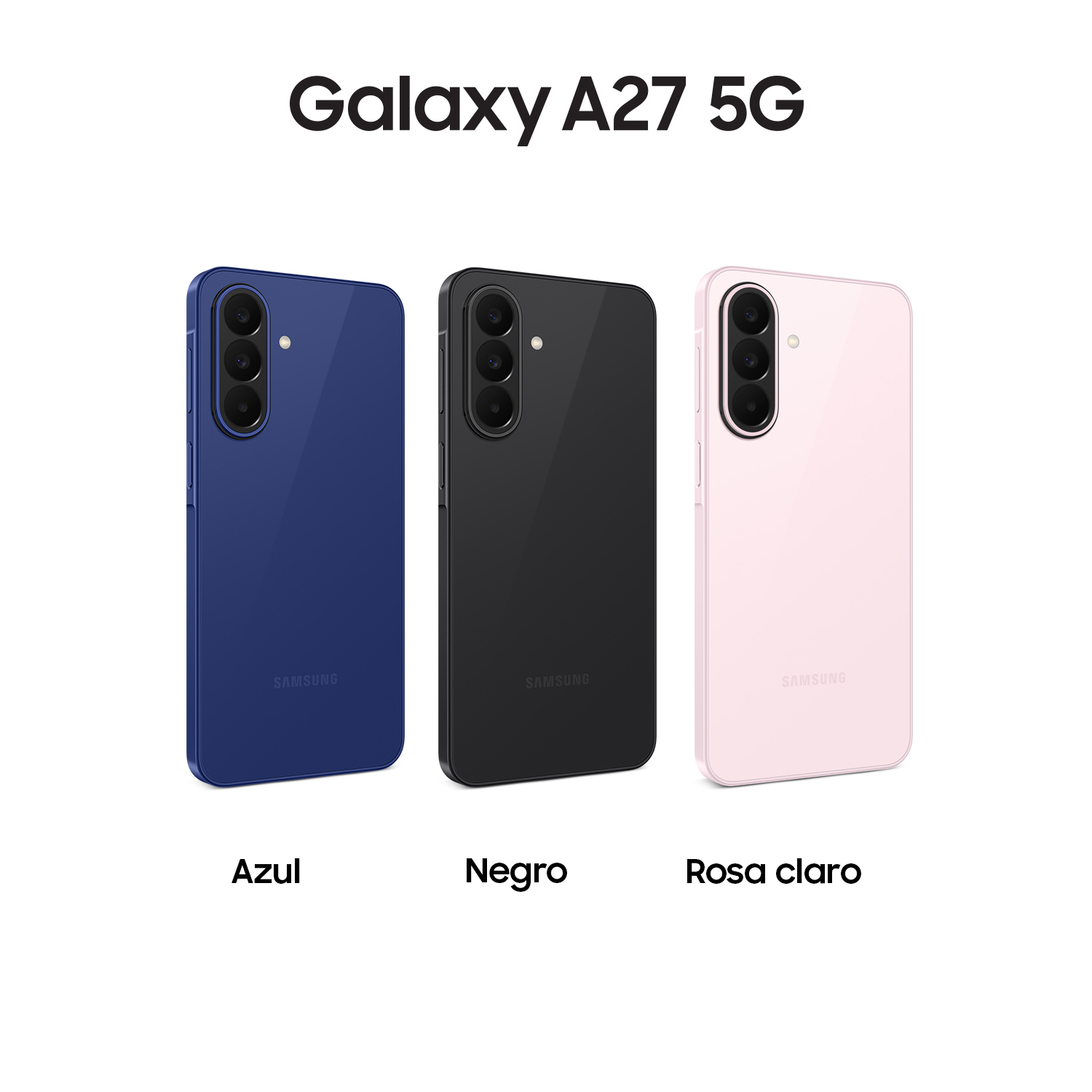 Tres teléfonos Samsung Galaxy A27 5G en azul, negro y rosa.