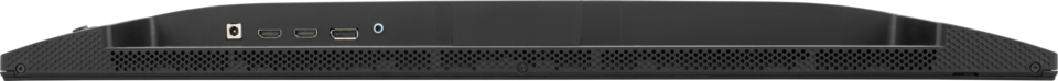Siyah monitörün arkası: güç, HDMI, USB ve ses bağlantı noktaları.
