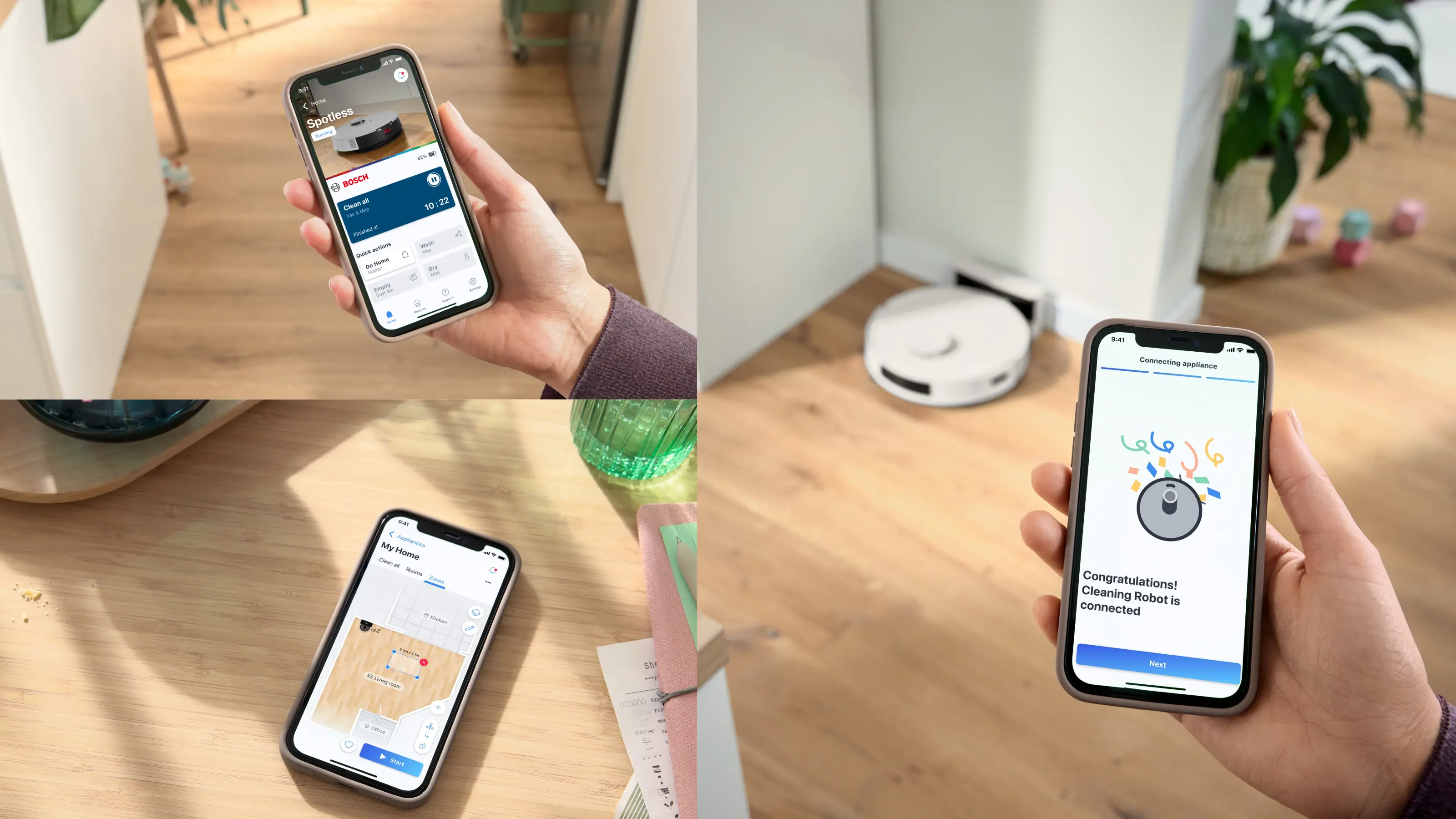 Egy telefon robotporszívó alkalmazást mutat. Egy robotporszívó a földön áll.