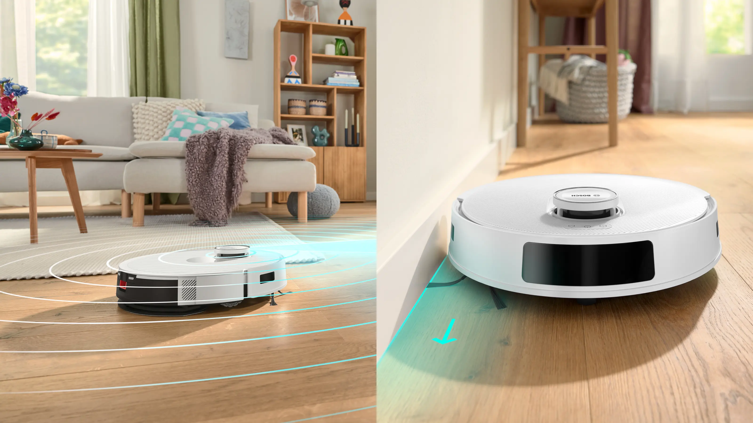 Egy fehér robotporszívó tisztít egy fapadlót egy nappaliban.