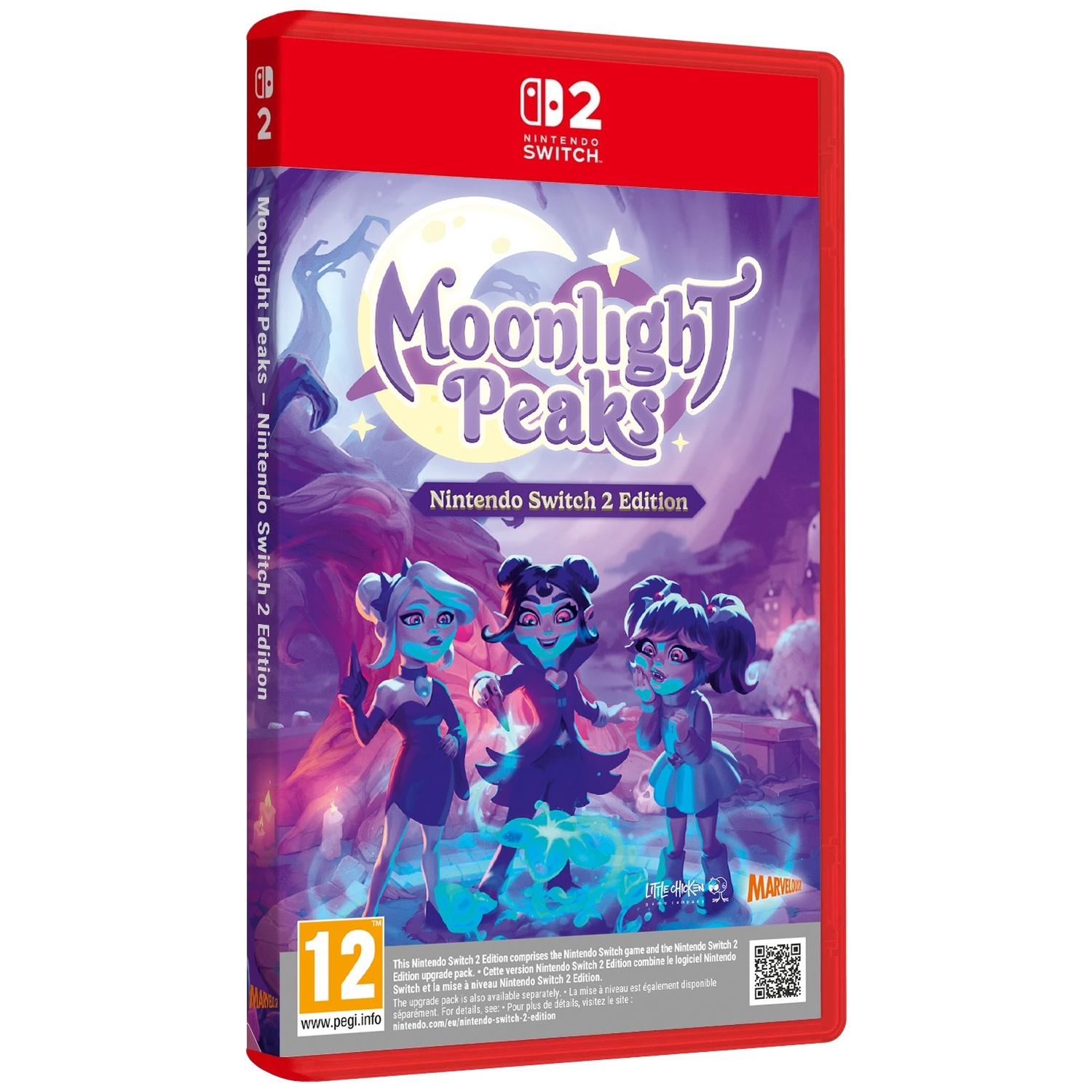 Nintendo Switch spel "Moonlight Peaks" met drie cartoonfiguren voor maan en kasteel.