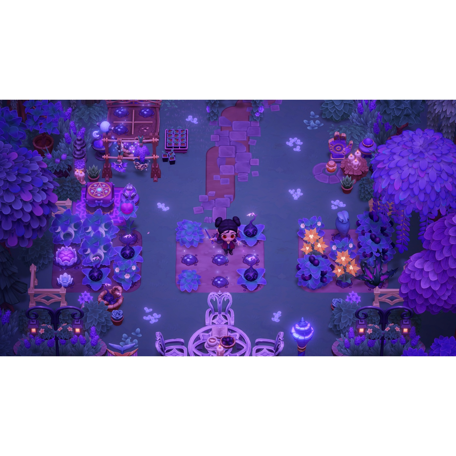 Een personage staat in een paarse tuin met bloemen, bomen en lantaarns.