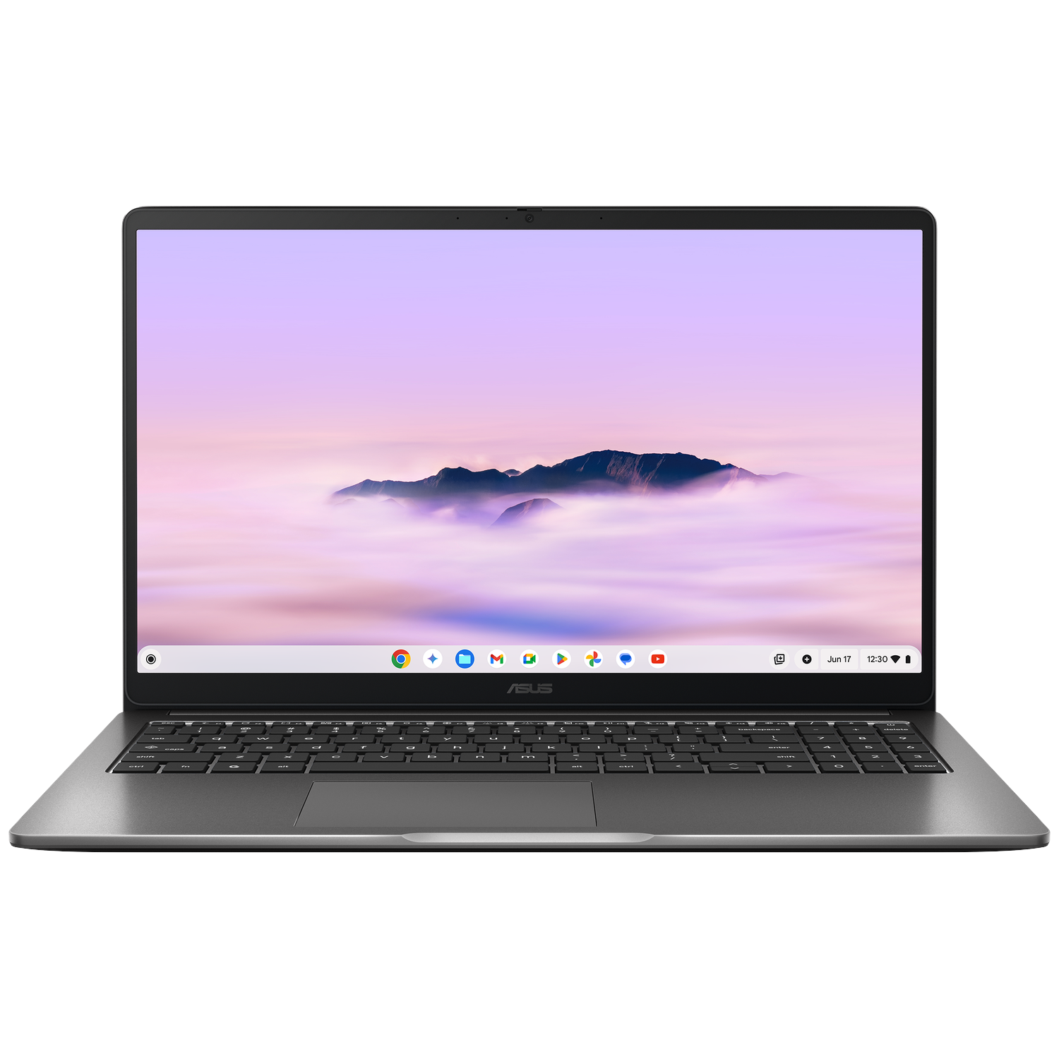 Un Chromebook ASUS ouvert avec un fond d'écran de paysage de montagne.