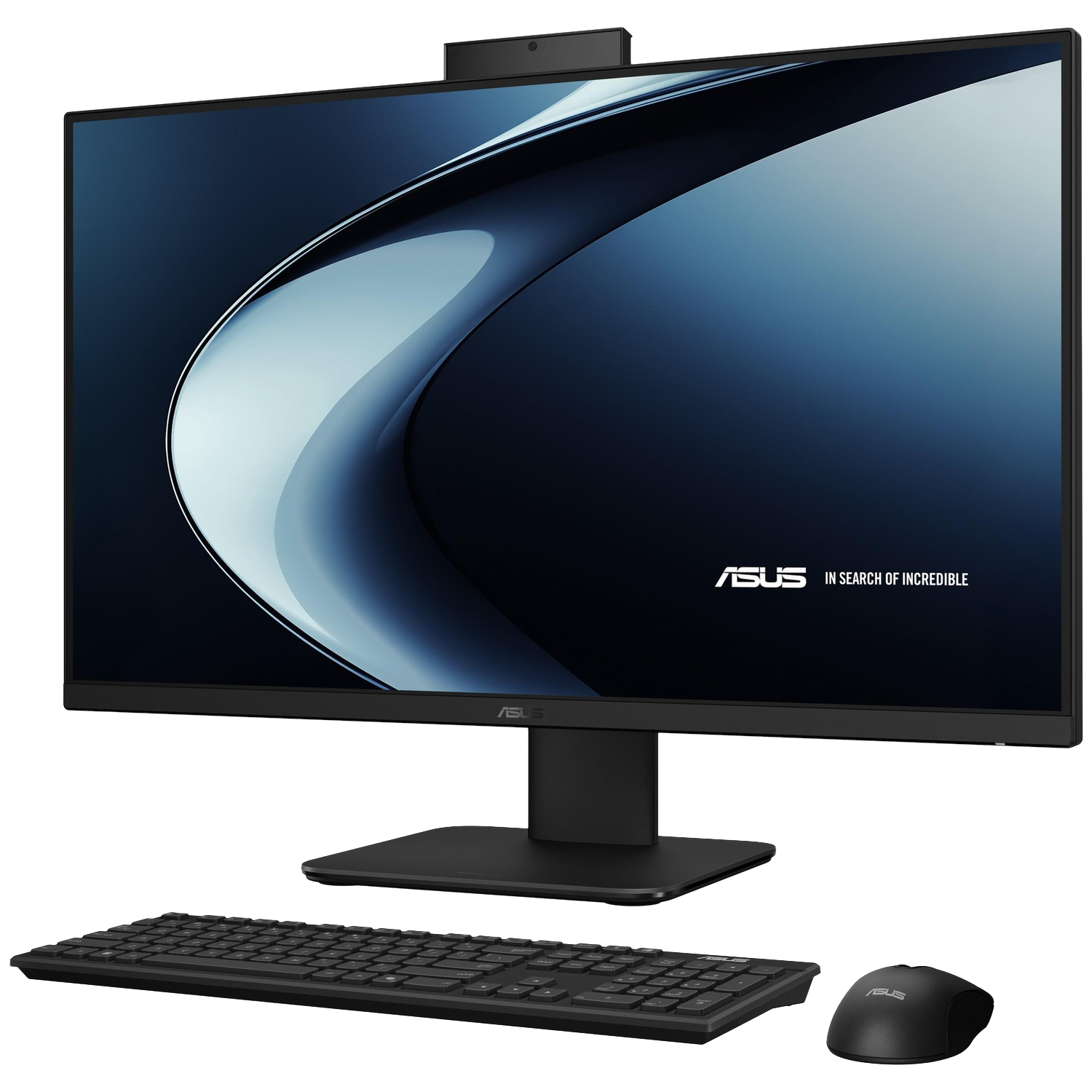 Een zwarte all-in-one computer met toetsenbord en muis, geïsoleerd op zwarte achtergrond.