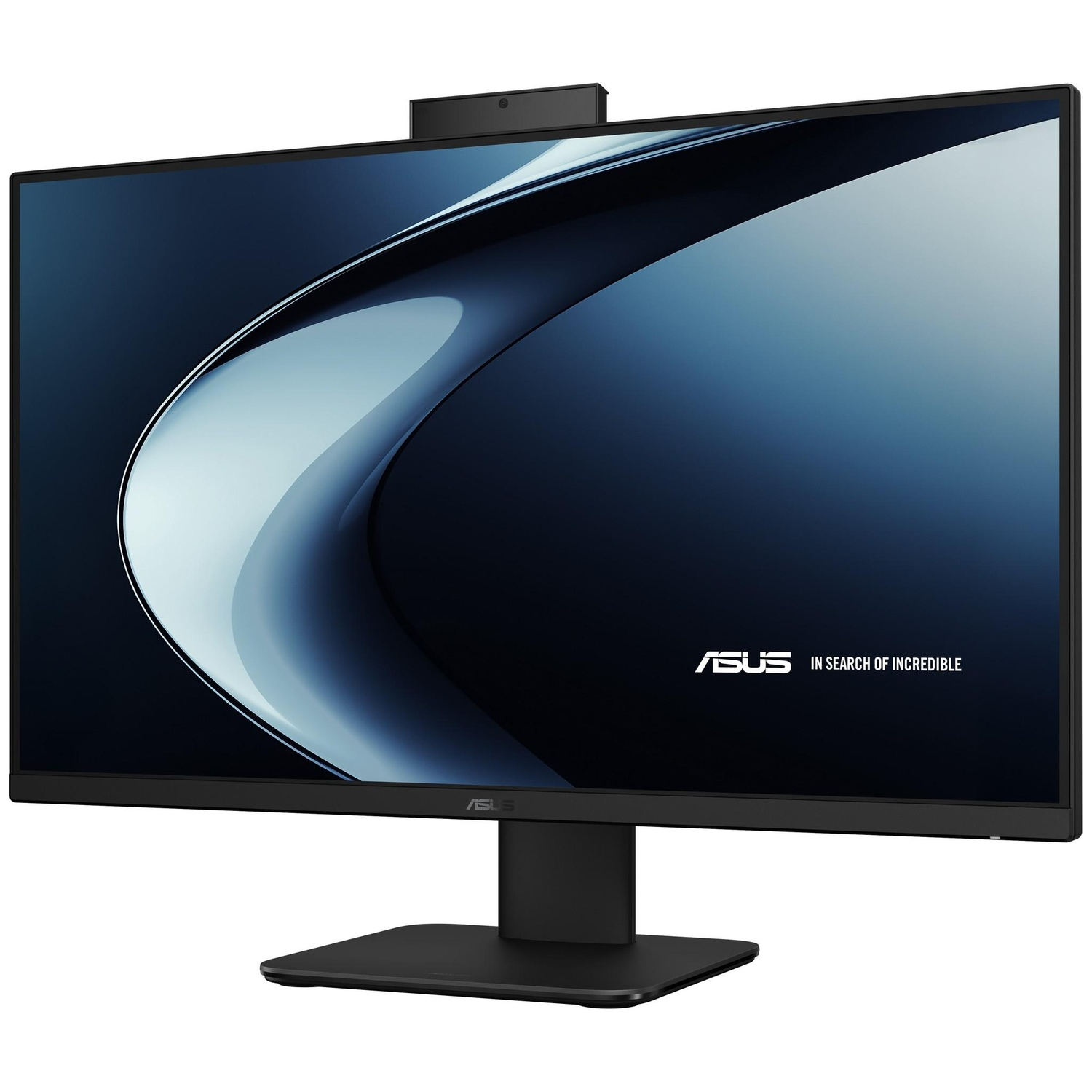 Zwarte Asus monitor met ingebouwde webcam en abstracte blauwe achtergrond.