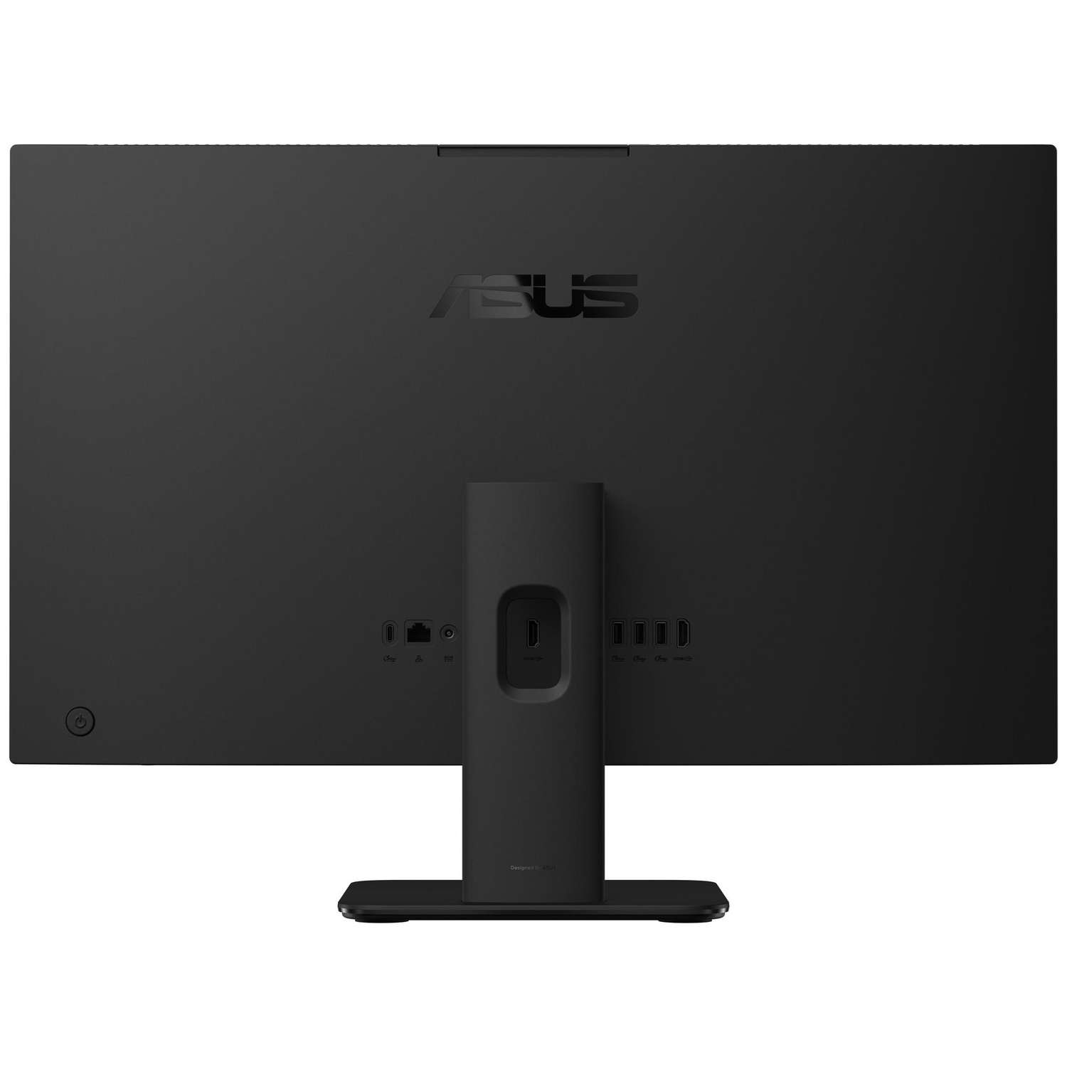 Achterkant van een zwarte monitor met poorten en ASUS-logo.