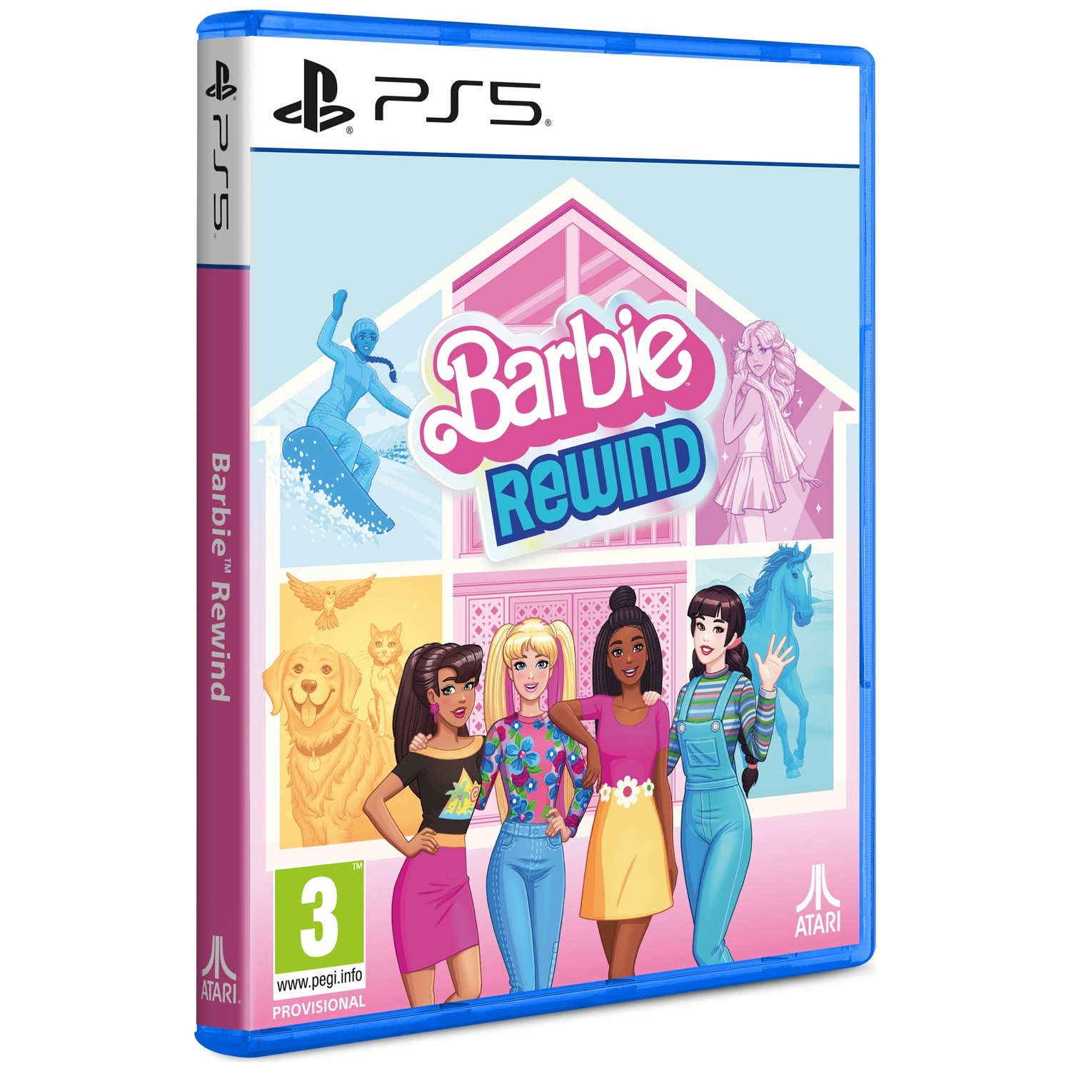 Barbie Rewind PS5 gamecase met vier scènes: snowboarden, huisdieren, Barbie-figuren en een paard.