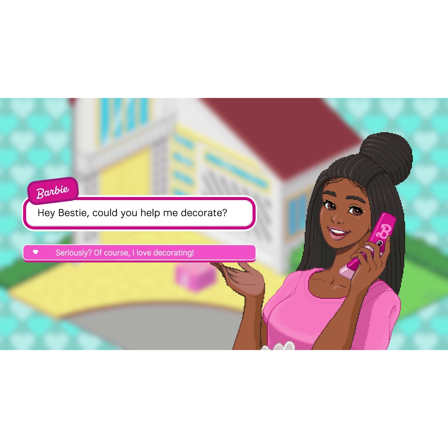 Barbie aan de telefoon vraagt hulp bij decoreren. Huis op achtergrond.