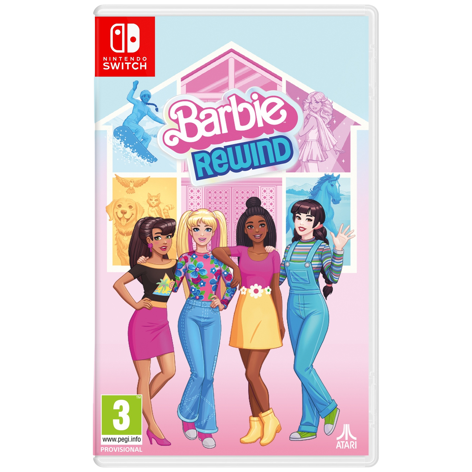 Nintendo Switch hoes met Barbie Rewind logo en vier personages.