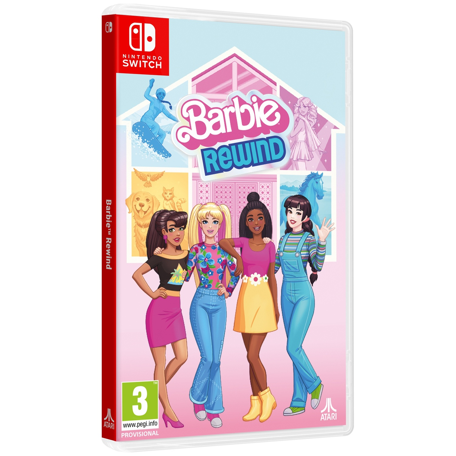 Barbie Rewind Nintendo Switch speldoosje met vier Barbie-personages en spel-logo.
