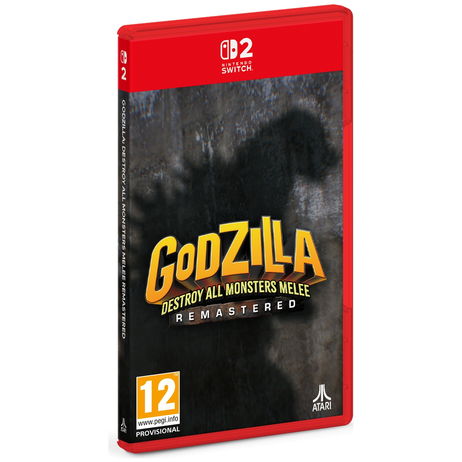 Nintendo Switch game case met Godzilla, PEGI 12 rating.