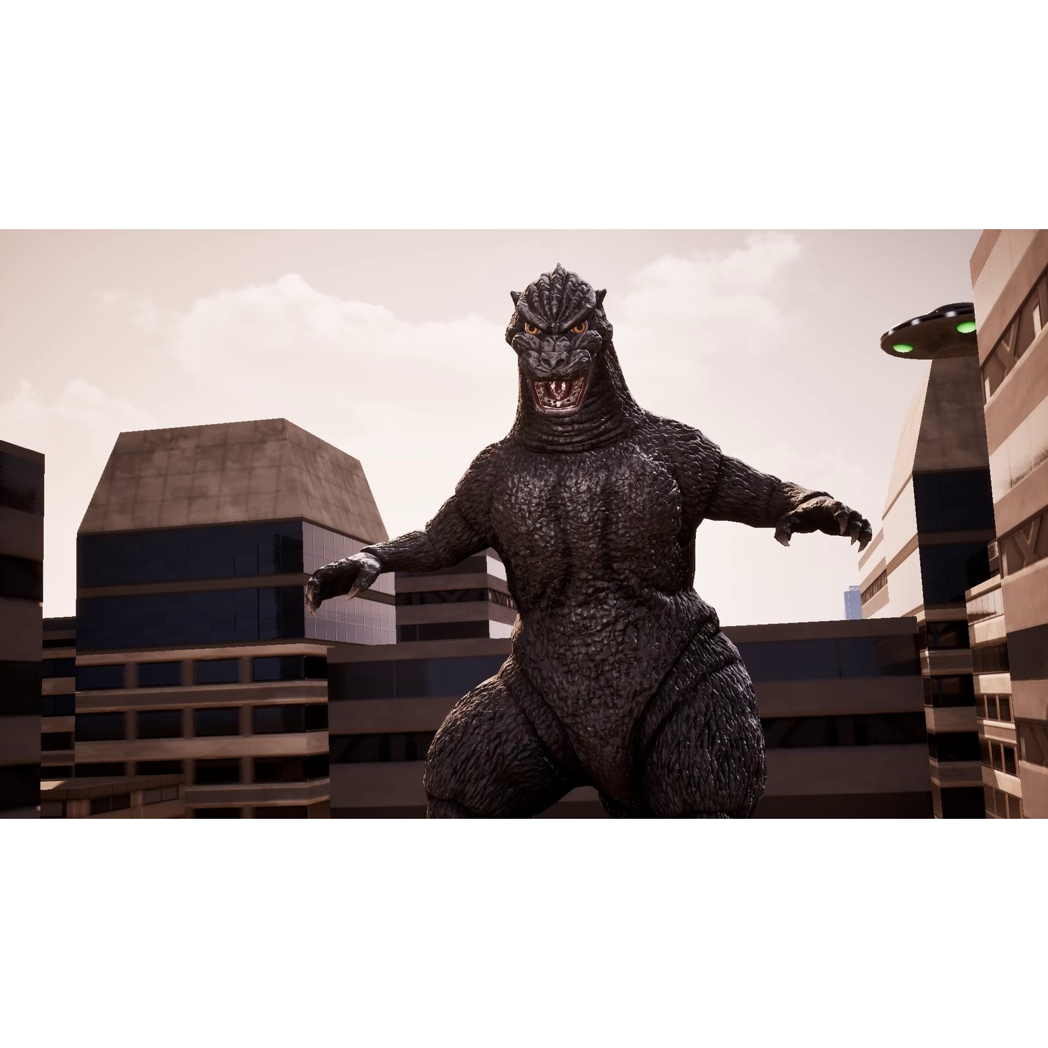 Godzilla staat tussen wolkenkrabbers met een UFO op de achtergrond.