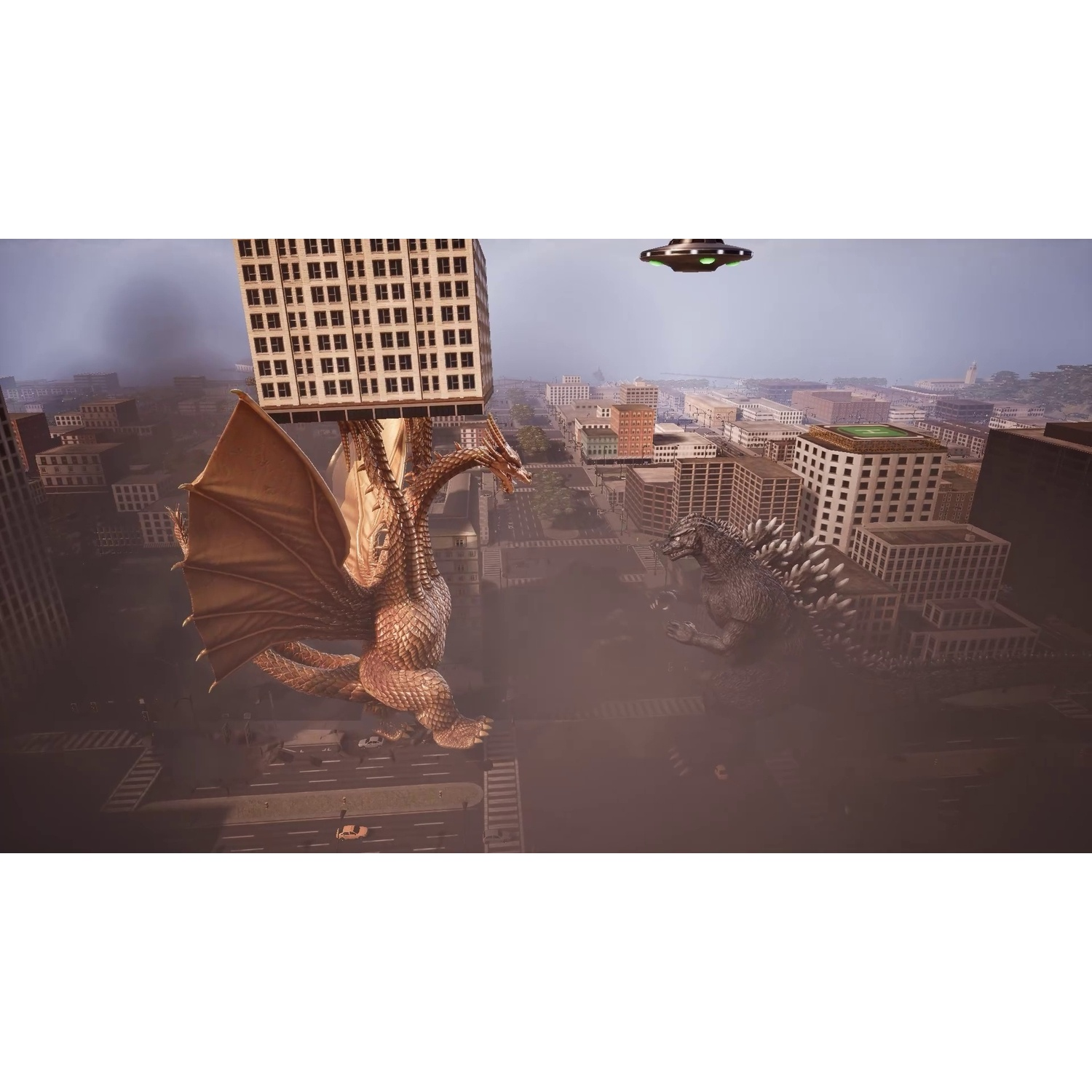 Een driekoppige draak en Godzilla vechten in een stad met een UFO erboven.