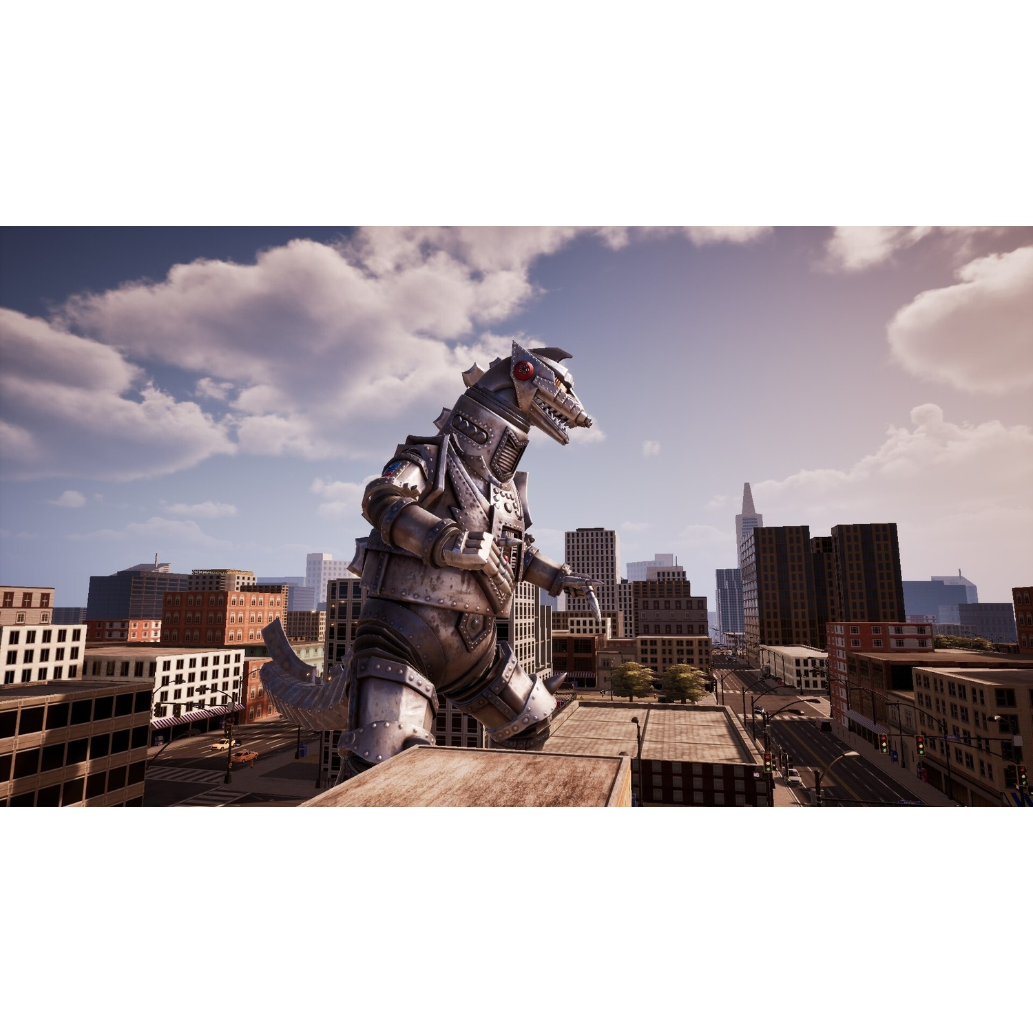Een gigantische mech-robot staat boven een stad onder een bewolkte hemel.