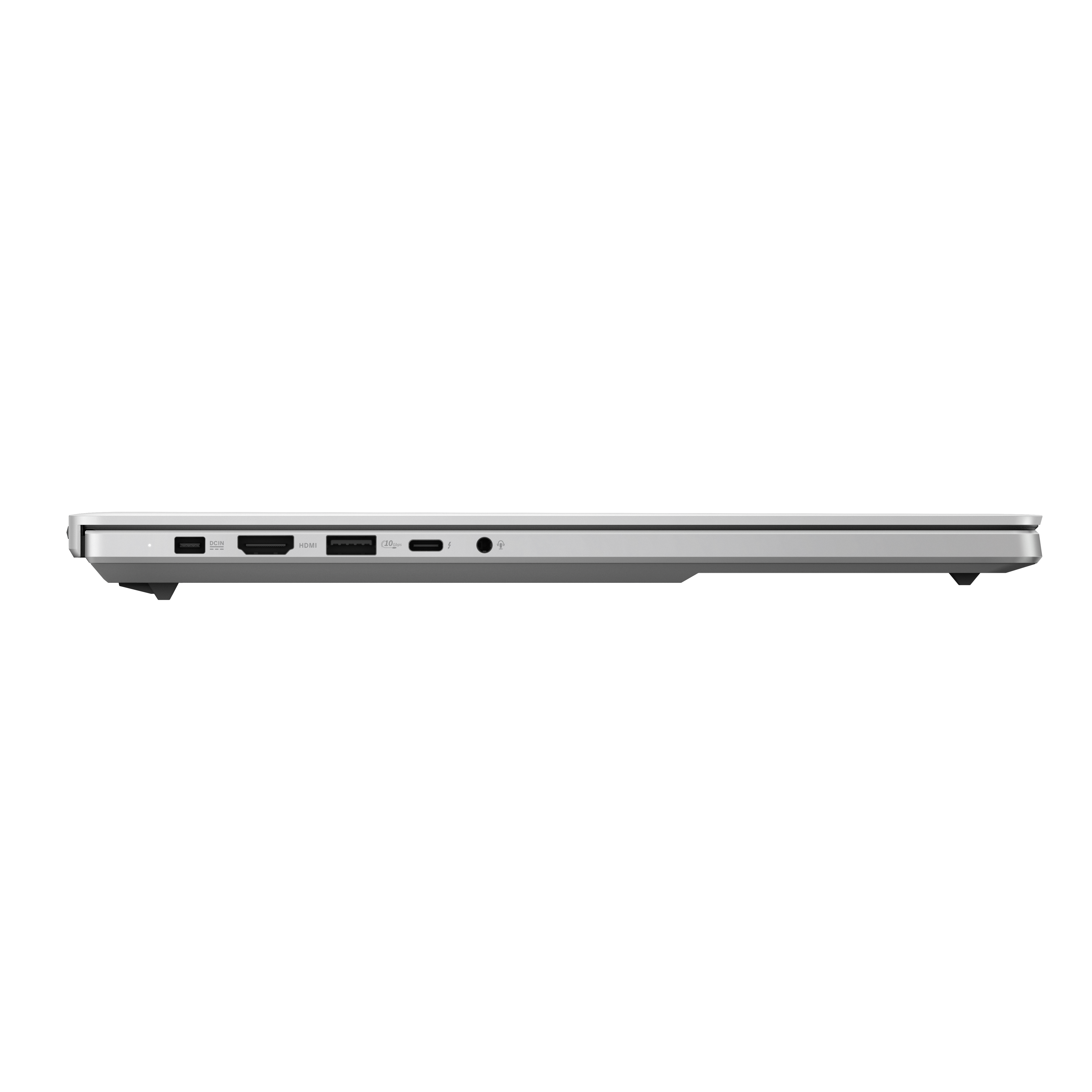 Gümüş laptop, yan görünüm portlar: DCIN, HDMI, USB-C, kulaklık.