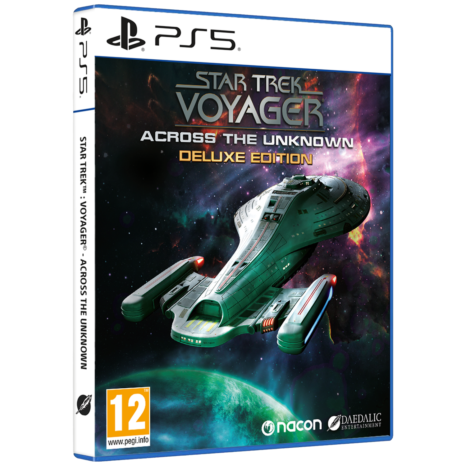 PS5 gamehoes: Star Trek Voyager, ruimteschip voor planeet en sterren.