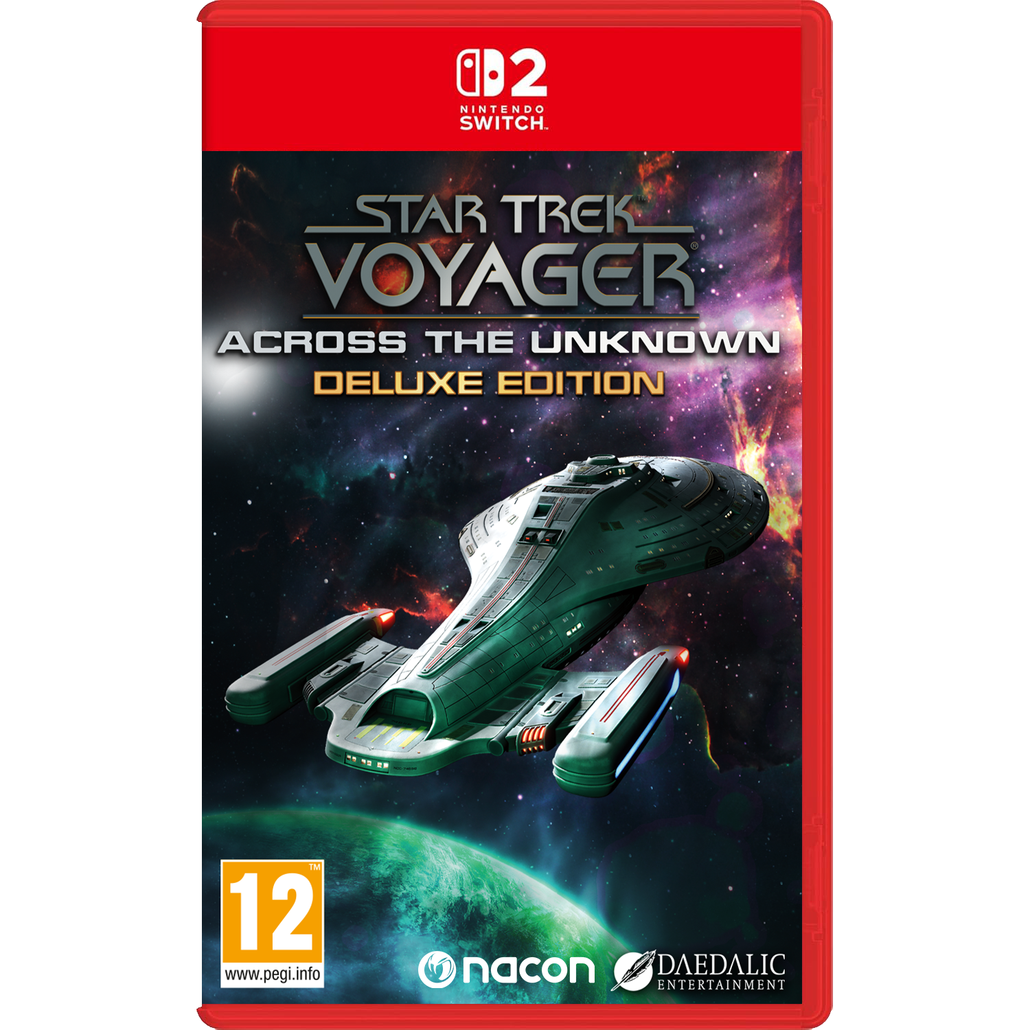 Star Trek Voyager hoes met ruimteschip voor planeet en sterren.