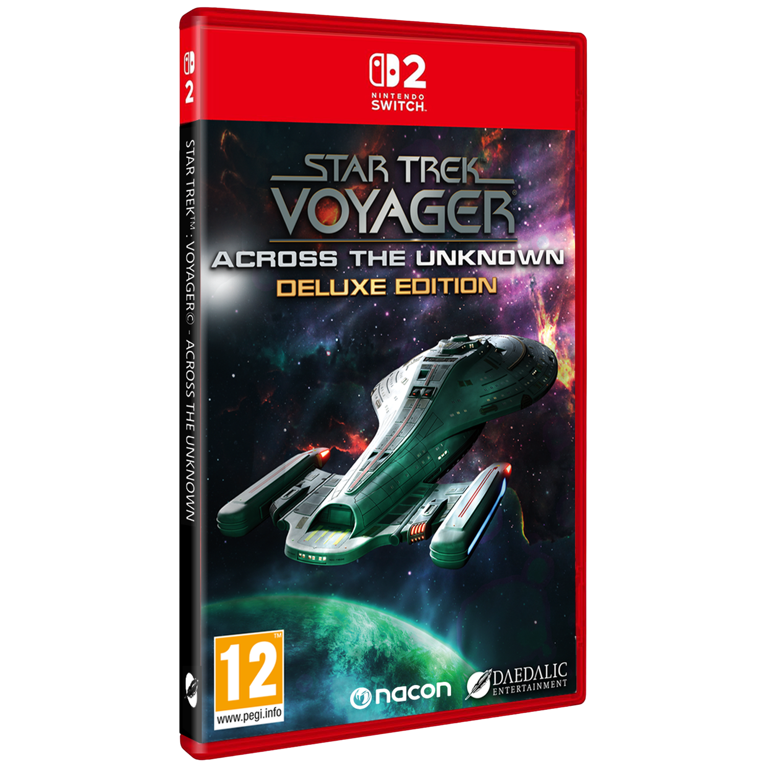 Nintendo Switch speldoos: Star Trek Voyager, ruimteschip zweeft boven planeet.