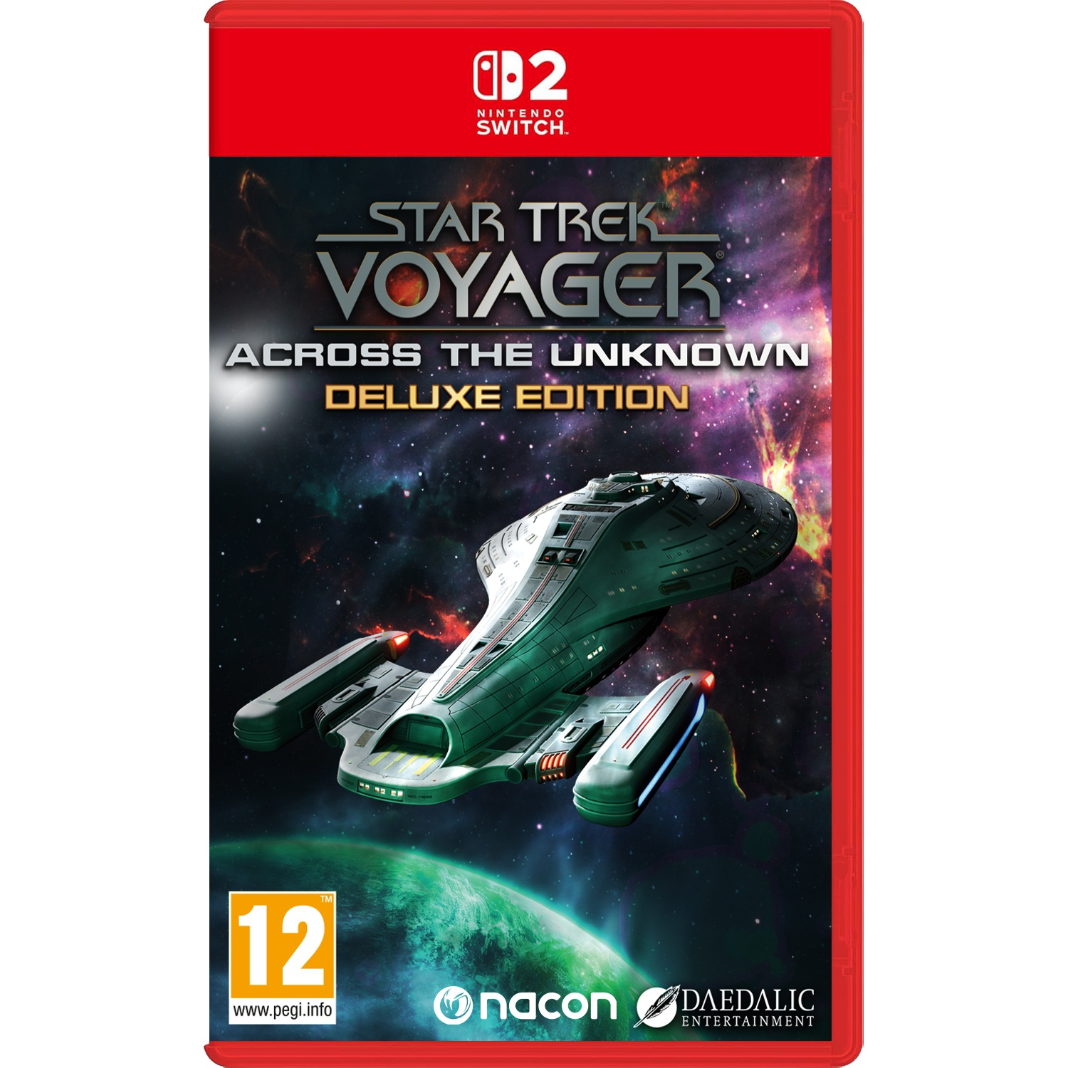 Star Trek Voyager gamehoes met een ruimteschip bij een planeet.