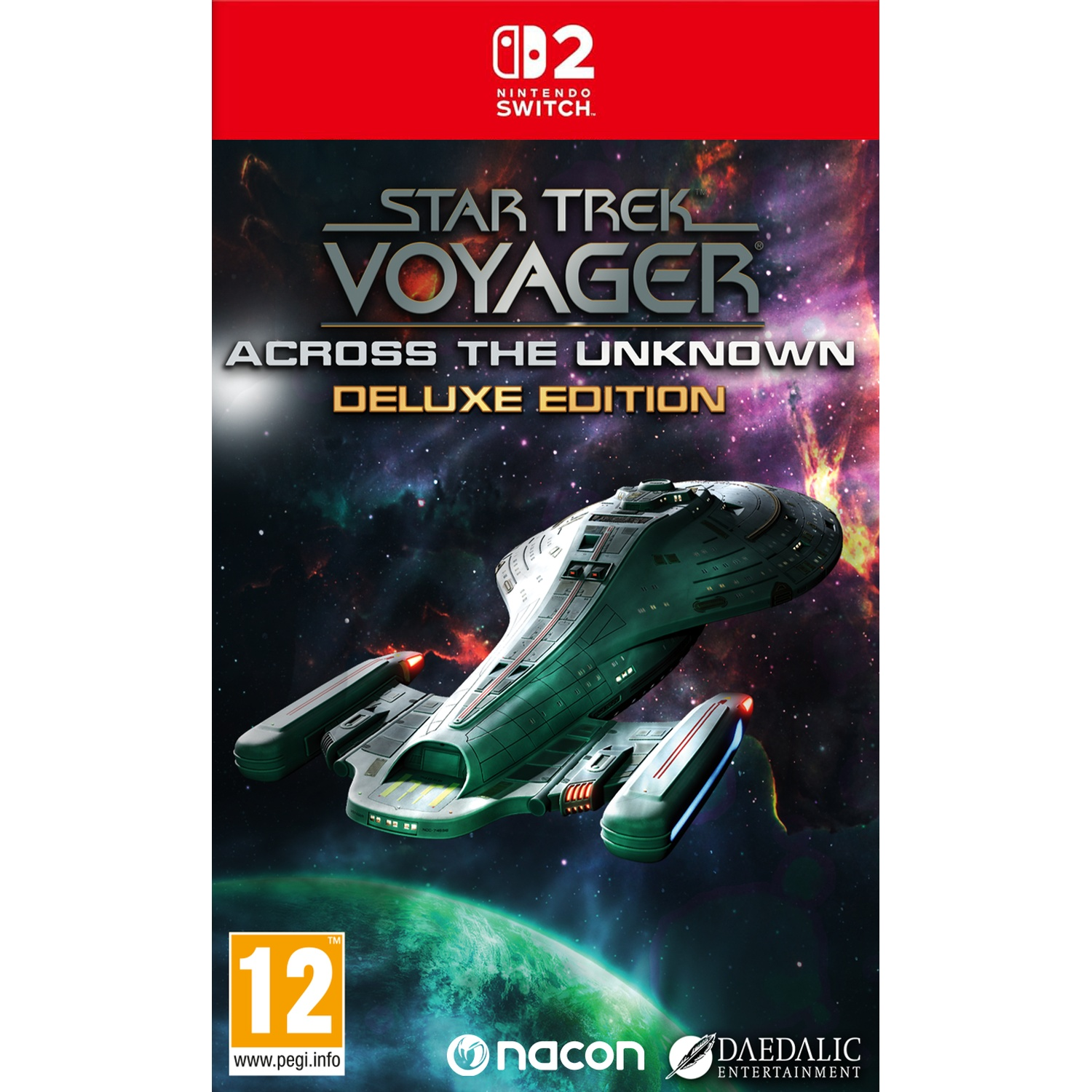 Star Trek Voyager spelcover met ruimteschip voor ruimteachtergrond.